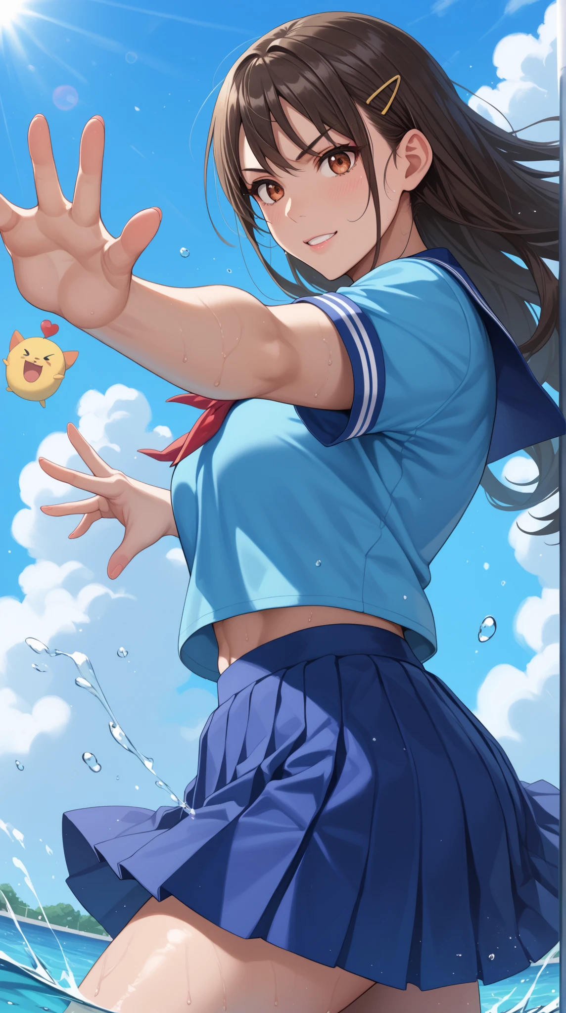 highest quality, masterpiece, Ultra-high resolution, 8k,
Show anime style , One, Soft Line Art, Digital Enhancement, shojo anime touch, shojo manga core, Flowing fabric, close, Soft Drawing, Ultra-Definition Digital Anime Art, Clear facial depiction, Super detailed girl cartoon character art, Ultra-detailed manga style, highest qualityの色,
(Short brown hair), Wet Hair,Beautiful brown hair, Clear brown eyes, Slightly chubby,Small breasts,The butt is small,(((The best open-mouth smile))),wave hands,
Summer sky,midsummer,Swimming with friends at the beach,Throwing water at each other,Splattering splashes,Have a great time,Your T-shirt is wet,((Happy Smile)),Half-submerged in the sea,,Angle from the front,(((Face close up)))