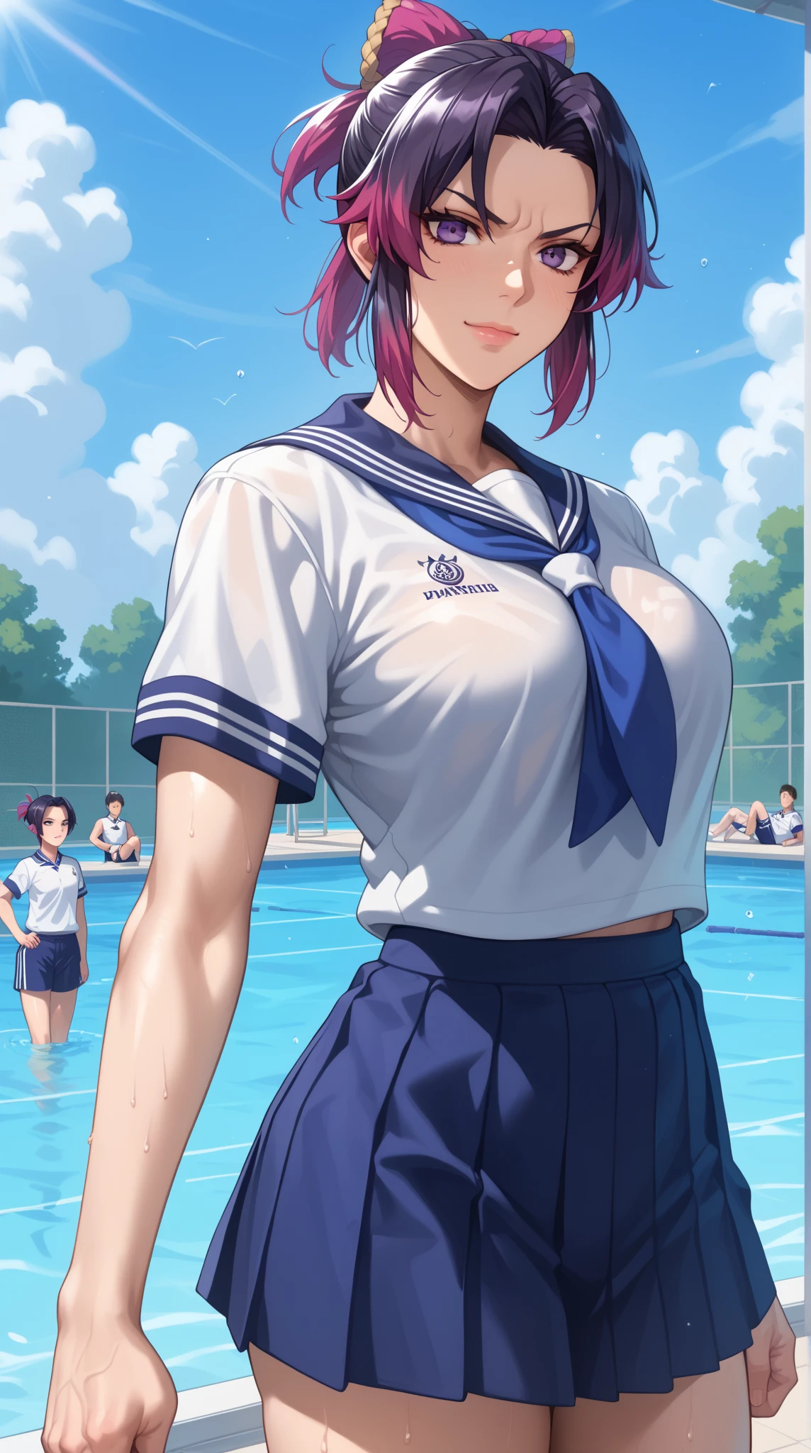 1 girl,school pool,purple hair,ponytail,white gym uniform,shape of nipple,Large drooping breasts、Are standing,Transparent