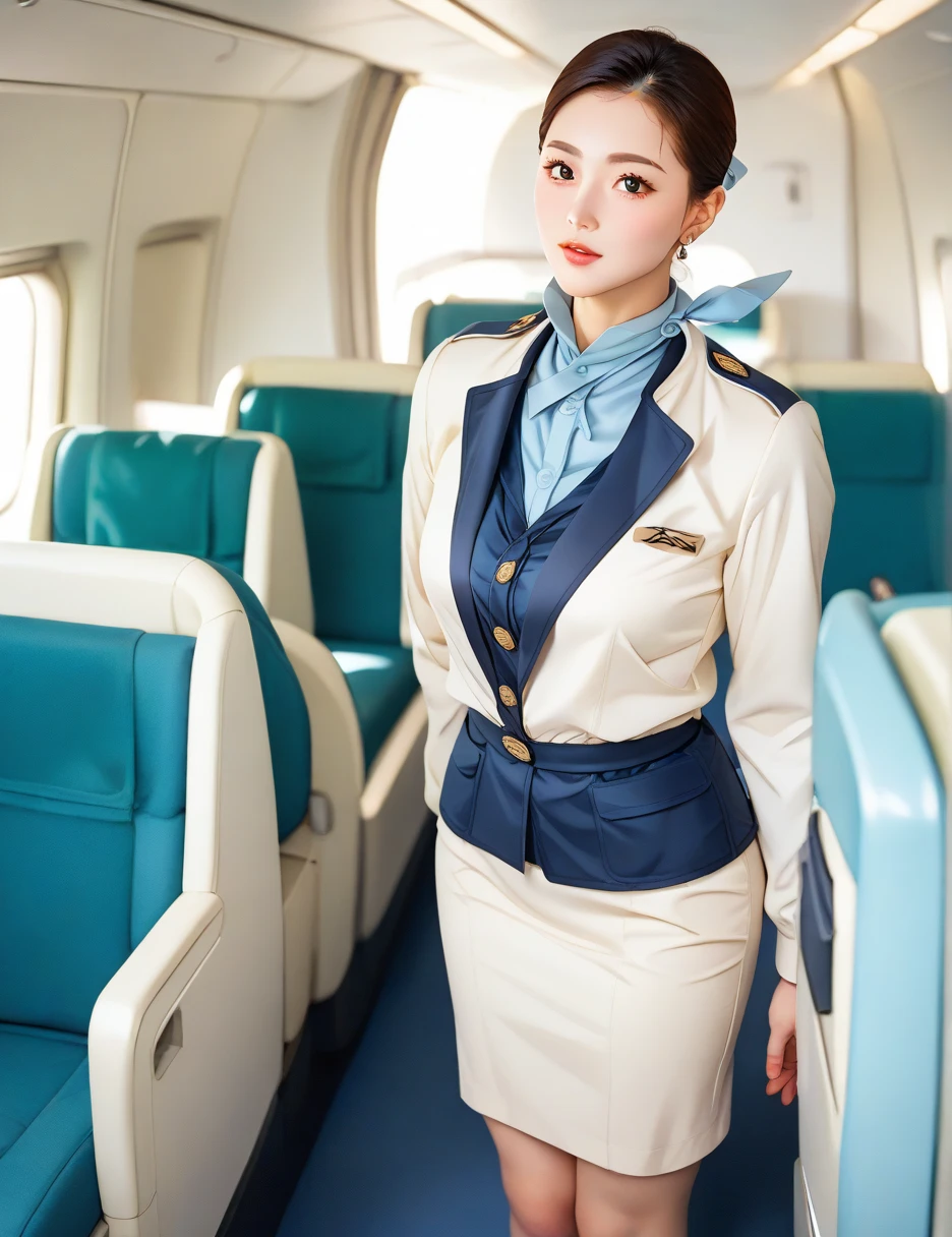 Newcomer Cabin Attendant、20 years old、airport、 standing with different breasts 、 stewardess 、 cabin attendant、uniform、 tight skirt 、Navy Blue