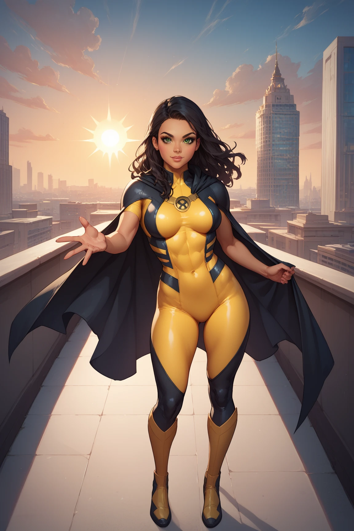 score_9, score_8_up, score_7_up, masterpiece, high quality, BREAK super heroine Latina, light brown skin, adorned with long, wavy black hair and outstretched green eyes. Bodysuit, sexy, sun symbol, yellow costume, black cape, city, full body day, standing, looking at viewer, sexy zoom