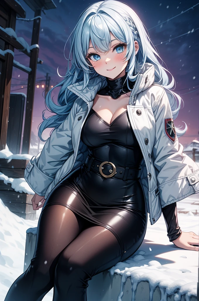 最high quality、best image quality、8k、(full body:1.3),dynamic view、Cinematography、Sunlight、masterpiece、girl((18-year-old、plump bust、largebust、Bust 95,beautiful blue eyes、wide open chest,Bold chest、cleavage、blue silver ponytail、Slender body、Show the whole body、army、shiny white mini skirt、Ice Sword、Ice Magic Circle、fascinating face、slightly open mouth、Sapphire Hair Ornament、leaning forward、high quality、beautiful art、With background((City of Ice、Iceville、ice tower、Snow blows、Oyuki、Snow World、Iceburn、Ice Castle))、table top、visual art、Depth of bounds written、Freezing of vision、Love Live, Eli Ayase