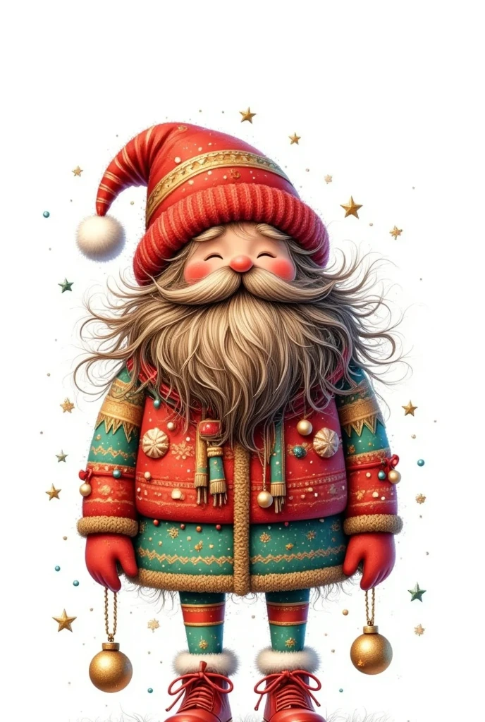 Digital Illustration，Red gloves, Long beard, 大胡须, indoors,  unique ,  actual , Tom's ,  red shoes, Christmas tree,  permanent, stripe, christmas ornaments，It&#39;s snowing