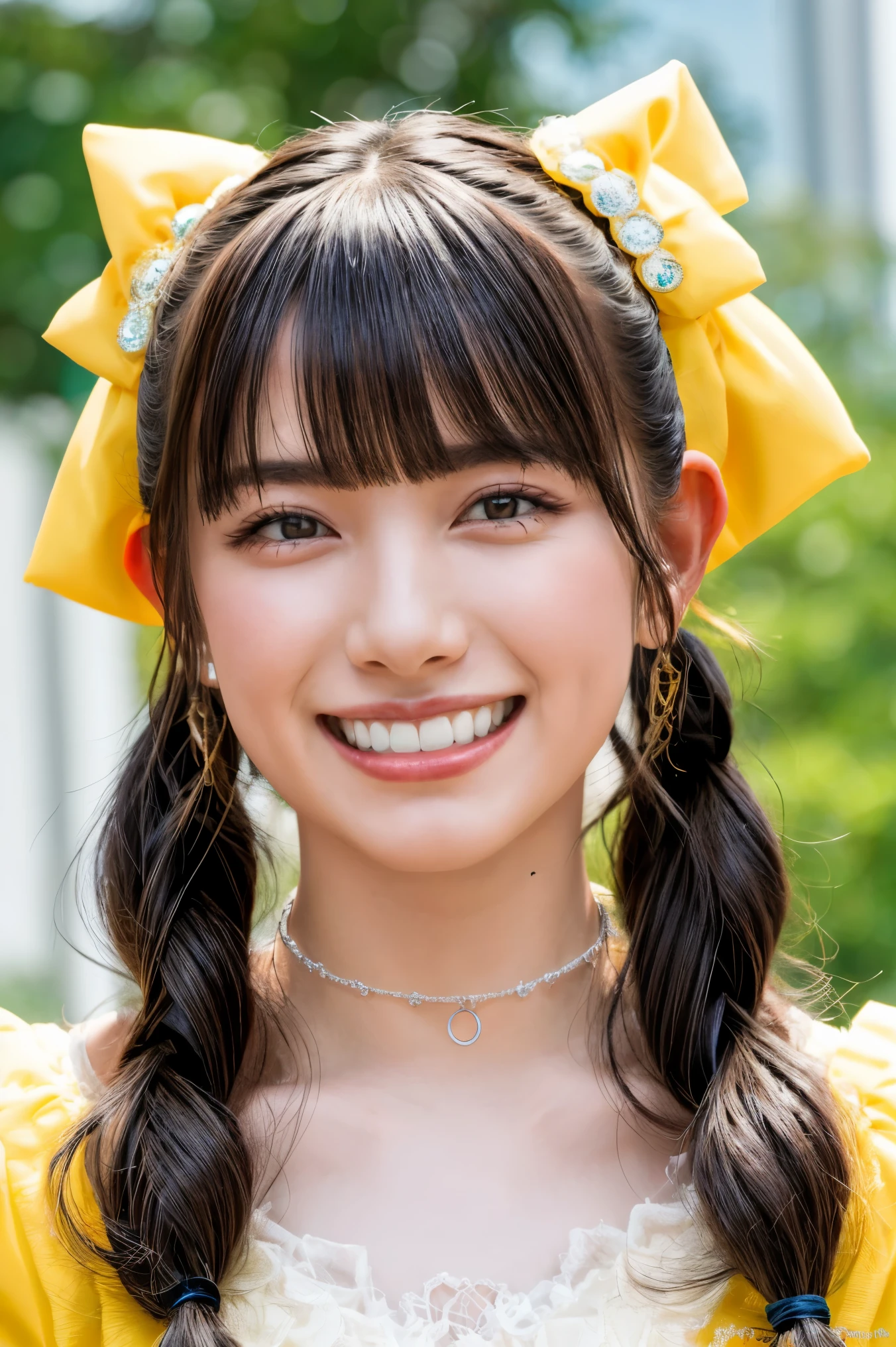 (realistic, photo-realistic:1.2), (masterpiece, best quality), high resolution photograph, extremely detailed, intricate details, sharp details, sharp focus, professional lighting, (portrait), solo, 1girl, a Japanese female idol, (yellow clothes, idol costume), dark hair, (pigtails hair, straight hair, hair scrunchie, blunt bangs:1.2), (detailed face, beautiful detailed eyes, sophisticated nose, beautiful pupils), ((cheerful grin, teeth out)), pale skin, fine-textured skin, (choker, jewelry), photo background, indoors, outdoors, blue sky and clouds,,,