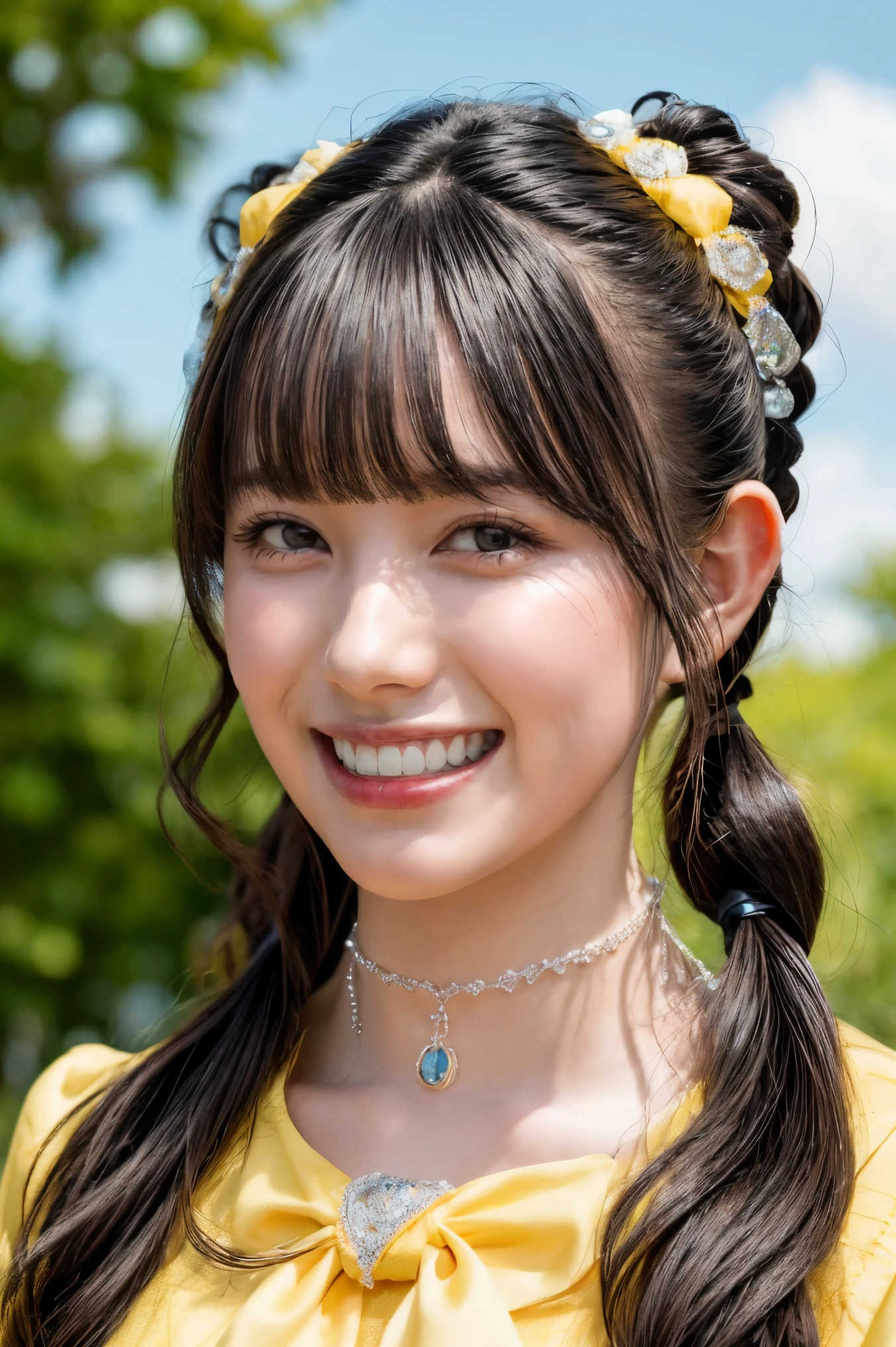 (realistic, photo-realistic:1.2), (masterpiece, best quality), high resolution photograph, extremely detailed, intricate details, sharp details, sharp focus, professional lighting, (portrait), solo, 1girl, a Japanese female idol, (yellow clothes, idol costume), dark hair, (pigtails hair, straight hair, hair scrunchie, blunt bangs:1.2), (detailed face, beautiful detailed eyes, sophisticated nose, beautiful pupils), ((cheerful grin, teeth out)), pale skin, fine-textured skin, (choker, jewelry), photo background, indoors, outdoors, blue sky and clouds,,,