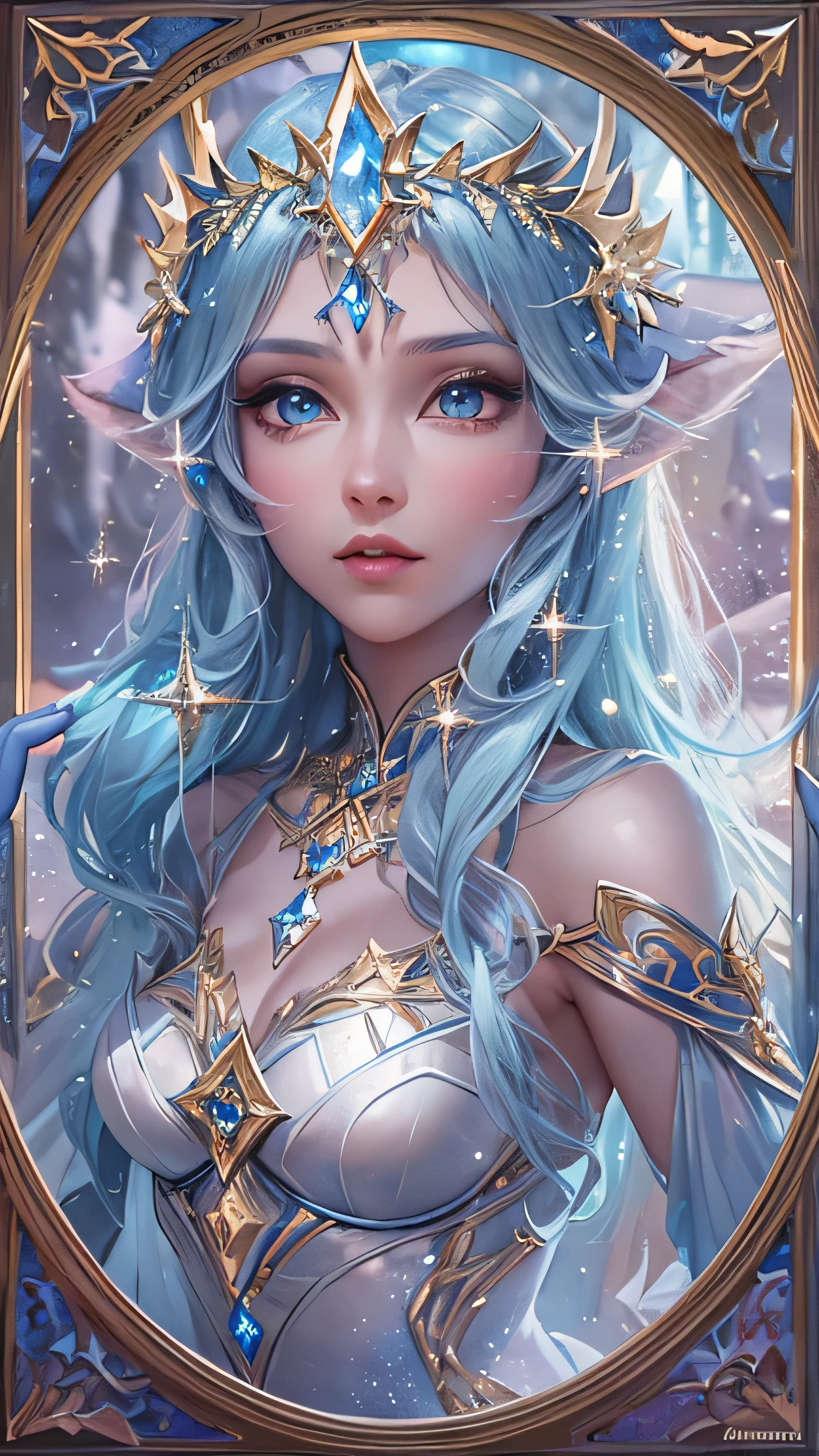 A woman in white dress and blue crown, Goddess. Extremely high detail,character art 8 K, a beautiful fantasy empress, ((a beautiful fantasy empress)), smooth digital concept art, beautiful and elegant elf queen, 8K high quality detailed art, stuning fantasy, hyper-detailed fantasy character, smooth