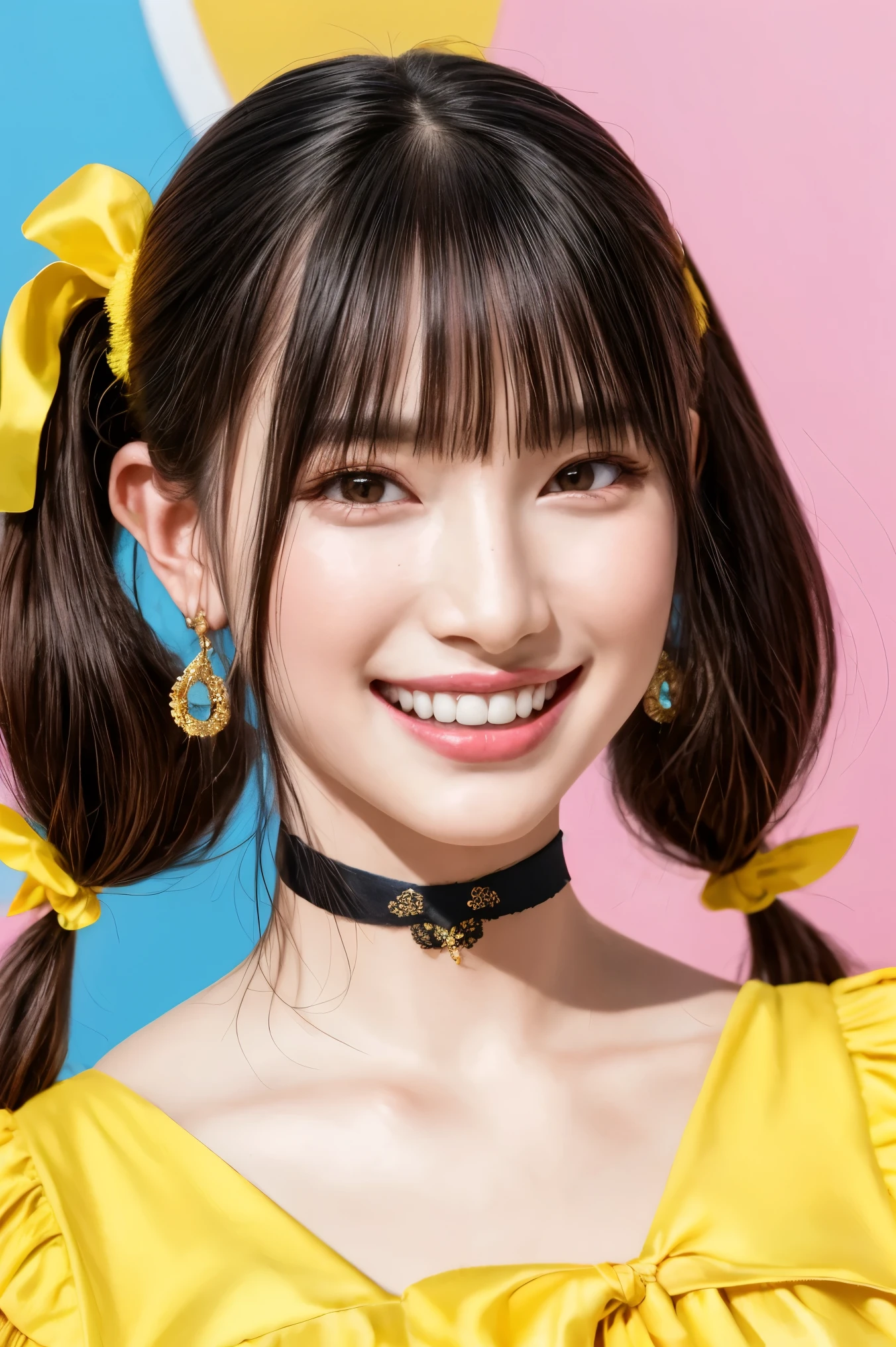 (realistic, photo-realistic:1.2), (masterpiece, best quality), high resolution, intricate details, extremely detailed, sharp focus, professional lighting, (portrait), solo, 1girl, a Japanese female idol, (yellow clothes, idol costume), dark hair, (pigtails hair, straight hair, hair scrunchie, blunt bangs:1.2), (detailed face, beautiful detailed eyes, sophisticated nose, beautiful pupils), ((cheerful grin, teeth out)), pale skin, fine-textured skin, (choker, jewelry), photo background, indoors, outdoors, blue sky and clouds,,,[Aki Suda,Cho-Tokimeki-Sendenbu]