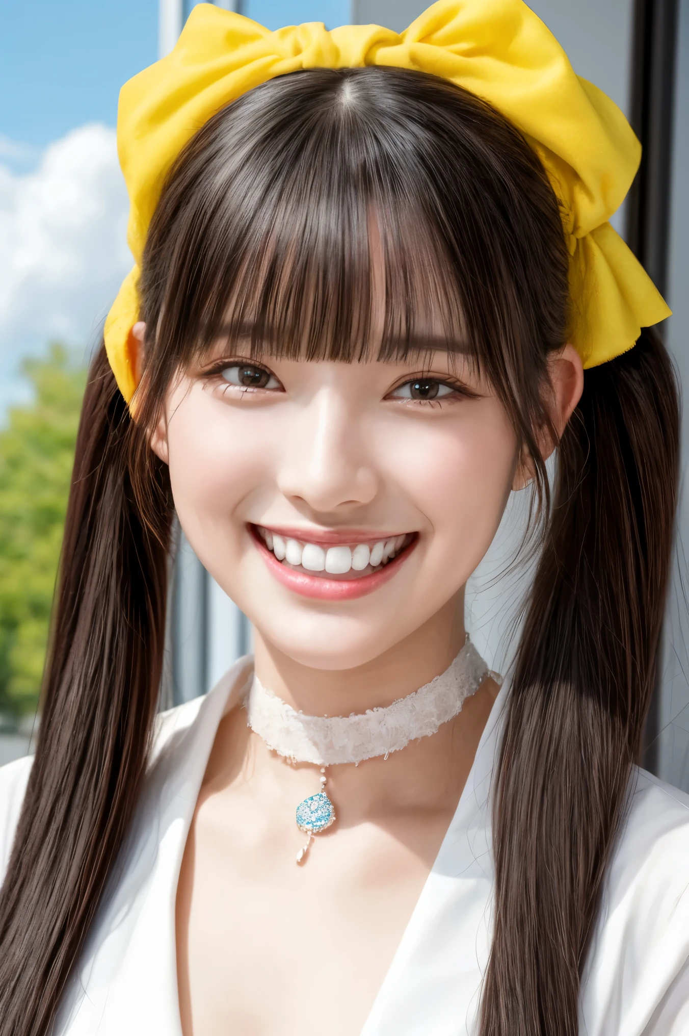 (realistic, photo-realistic:1.2), (masterpiece, best quality), high resolution, intricate details, extremely detailed, sharp focus, professional lighting, (portrait), solo, 1girl, a Japanese female idol, (yellow clothes, idol costume), dark hair, (pigtails hair, straight hair, hair scrunchie, blunt bangs:1.2), (detailed face, beautiful detailed eyes, sophisticated nose, beautiful pupils), ((cheerful grin, teeth out)), pale skin, fine-textured skin, (choker, jewelry), photo background, indoors, outdoors, blue sky and clouds,,,[Aki Suda,Cho-Tokimeki-Sendenbu]