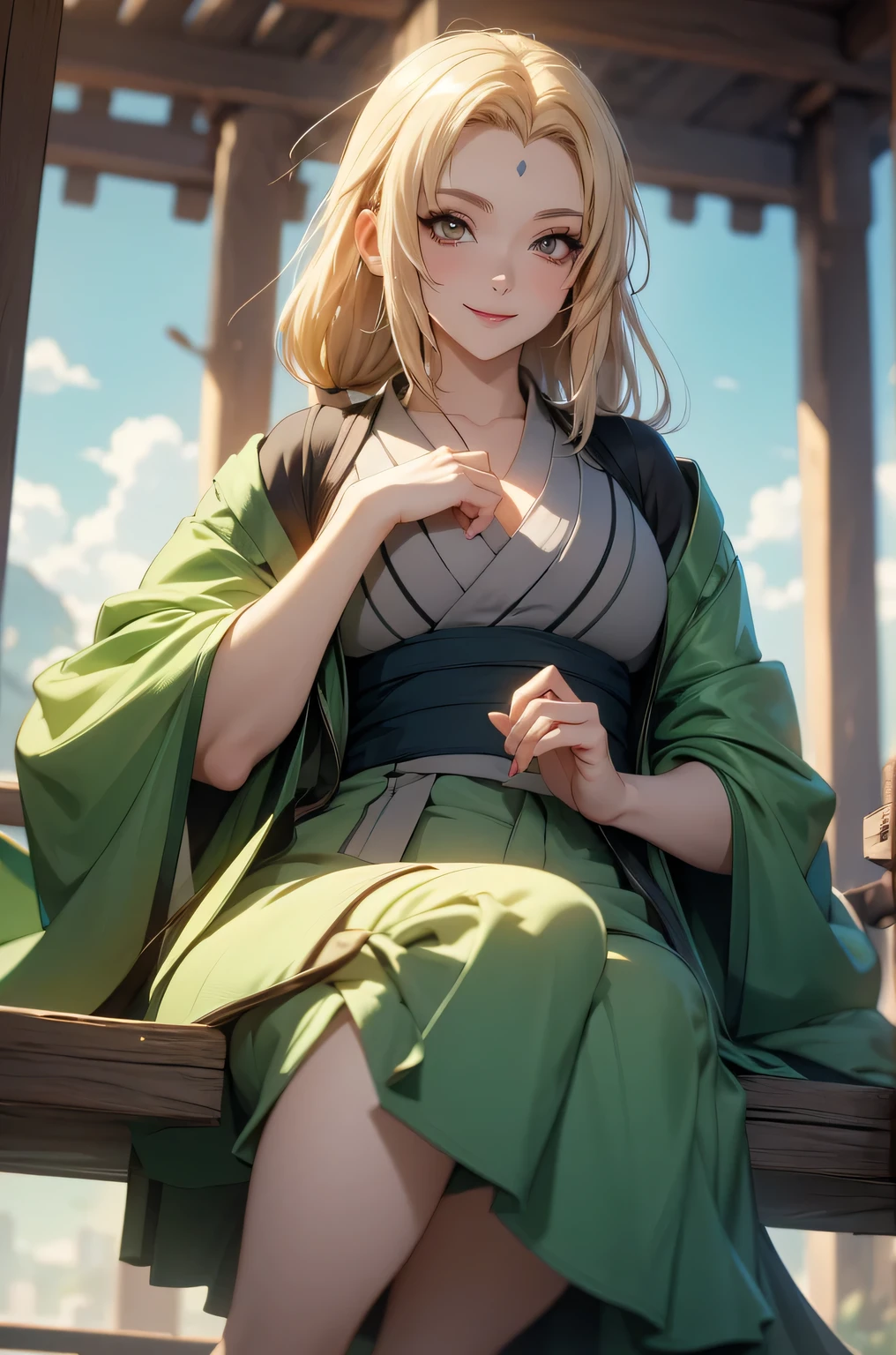 ((best quality)), (( Masterpiece)), (detailed), (4k), (8K), 1girl, (Tsunade), beautiful anime woman, beautiful face , shiny skin and face , make-up, smiling, big, aesthetic eyes , ( bright eyes ), intimidating look, smiling, aesthetic hands, detailed hair , sitting in a Japanese garden, Matcha tea in hands , (View from below). (highly detailed textures), (highly detailed clothes), ( highly detailed cute face ). (Fantasy anime style ).