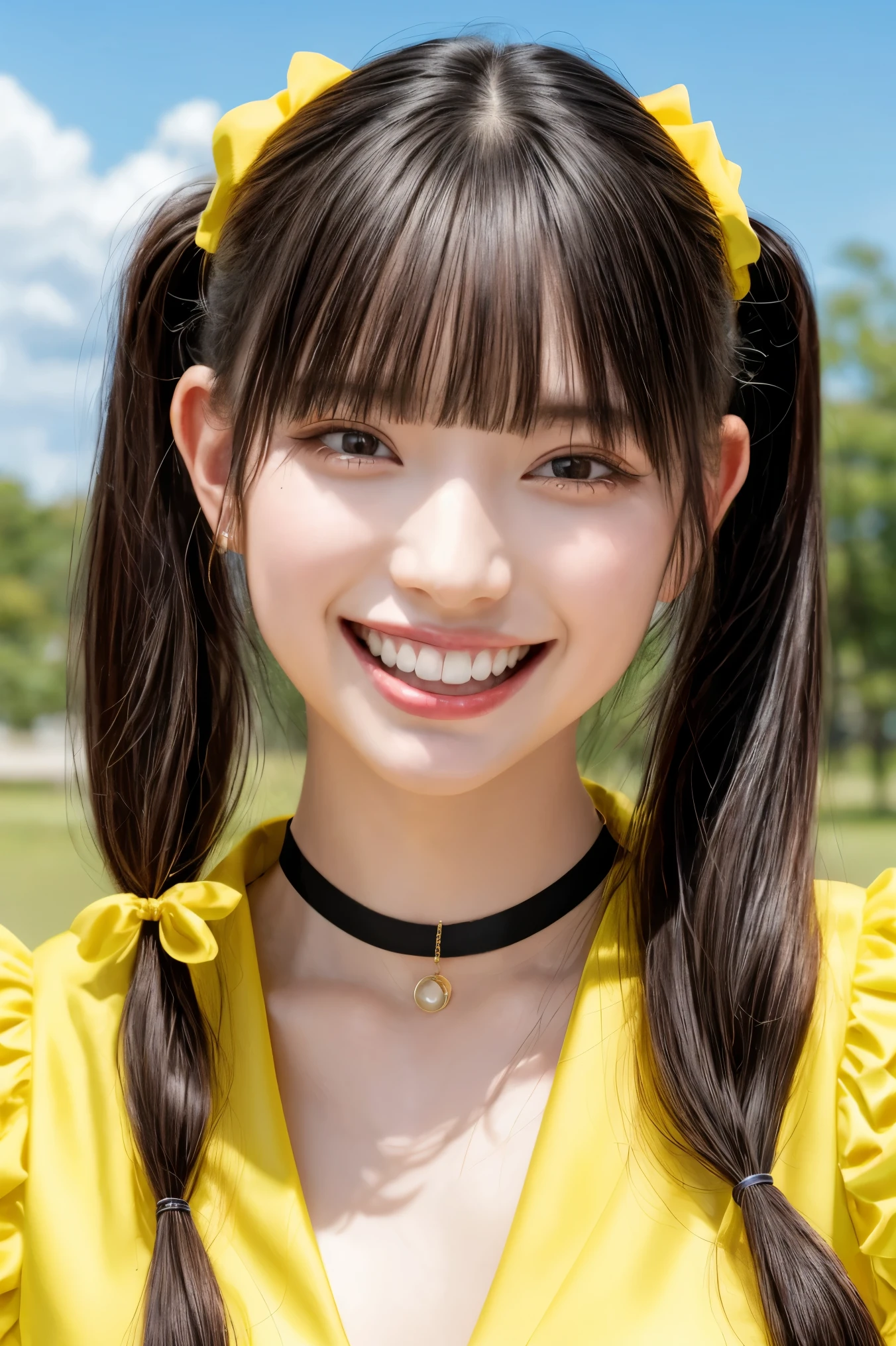 (realistic, photo-realistic:1.2), (masterpiece, best quality), high resolution, intricate details, extremely detailed, sharp focus, professional lighting, (portrait), solo, 1girl, a Japanese female idol, (yellow clothes, idol costume:1.4), dark hair, (pigtails hair, straight hair, hair scrunchie, blunt bangs:1.2), (detailed face, beautiful detailed eyes, sophisticated nose, beautiful pupils), ((cheerful grin, teeth out)), pale skin, fine-textured skin, (choker, jewelry), photo background, indoors, outdoors, blue sky and clouds,,,[Aki Suda,Cho-Tokimeki-Sendenbu]