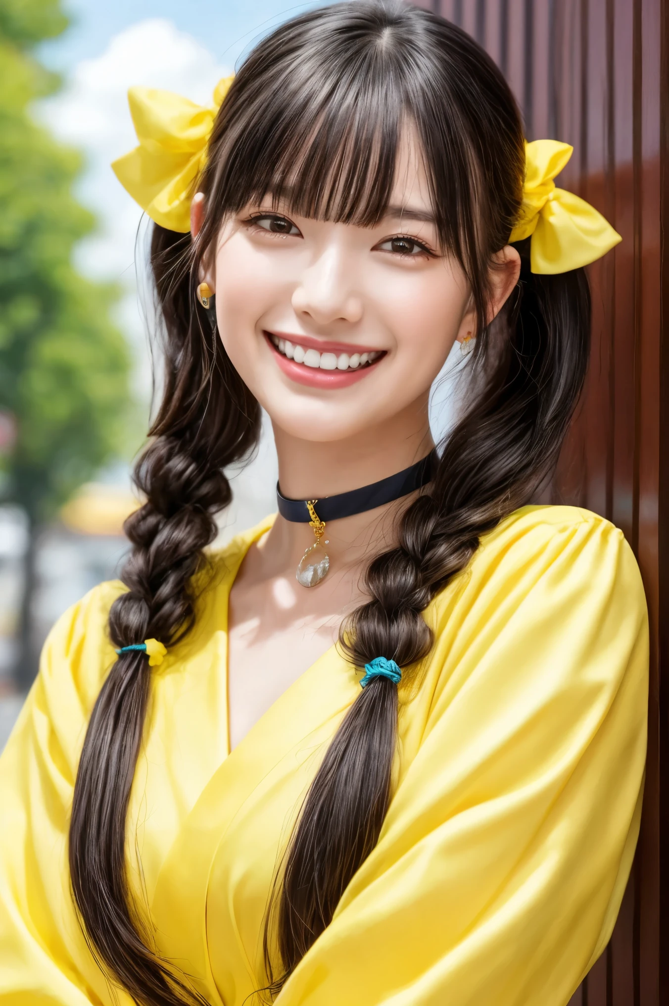 (realistic, photo-realistic:1.2), (masterpiece, best quality), high resolution, intricate details, extremely detailed, sharp focus, professional lighting, (portrait), solo, 1girl, a Japanese female idol, (yellow clothes, idol costume:1.4), dark hair, (pigtails hair, straight hair, hair scrunchie, blunt bangs:1.2), (detailed face, beautiful detailed eyes, sophisticated nose, beautiful pupils), ((cheerful grin, teeth out)), pale skin, fine-textured skin, (choker, jewelry), photo background, indoors, outdoors, blue sky and clouds,,,[Aki Suda,Cho-Tokimeki-Sendenbu]