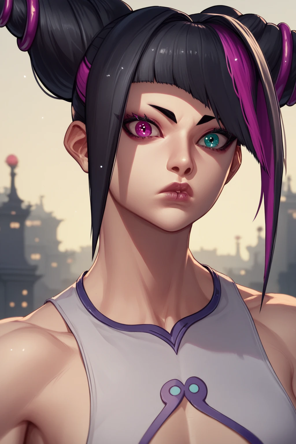 ((juriSDXLSF6)), ((juri han)), ((masterpiece)), ((face portrait)), ((cartoon style)), {(toned figure), (heterochromia), (thin eyebrows), (long eyelashes), (black hair with pink accents), (two toned hair)}, {(black body paint on torso)} {(looking at viewer)}, ((night city)), ((skyscrapers)), ((nighttime)), ((starry sky))