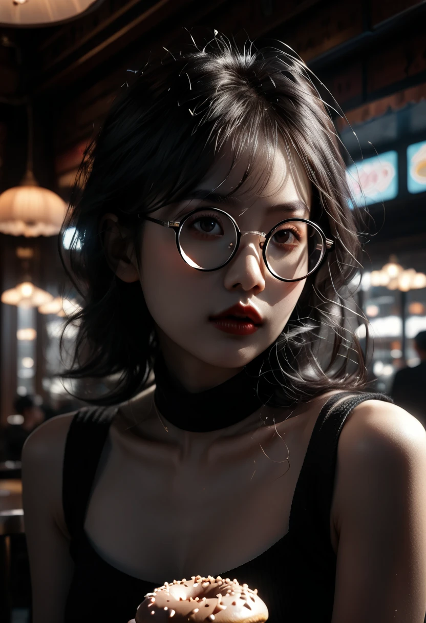 Highly realistic, photorealistic, life-like, epic perspective, dramatic lighting and shadows, aesthetically pleasing cinematic composition, 8k hd, there is a sexy and alluring adorably cute woman that is holding a doughnut in a restaurant, wearing small round glasses, wearing a tight fitting sexy sleeveless turtleneck sweater shy and blushing  petite lady, fluffy and cute black and white panda beanie , thick round spectacles, with square glasses, ulzzang, wearing round glasses, lofi girl aesthetic, with glasses, with black eyeglasses, thick - rimmed glasses, junko enoshima, lofi girl