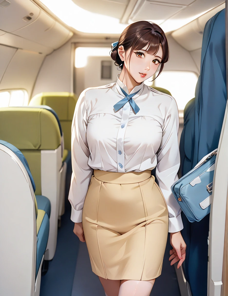 Newcomer Cabin Attendant、20 years old、airport、 standing with different breasts 、 stewardess 、 cabin attendant、uniform、 tight skirt 、(紺色のuniform)



