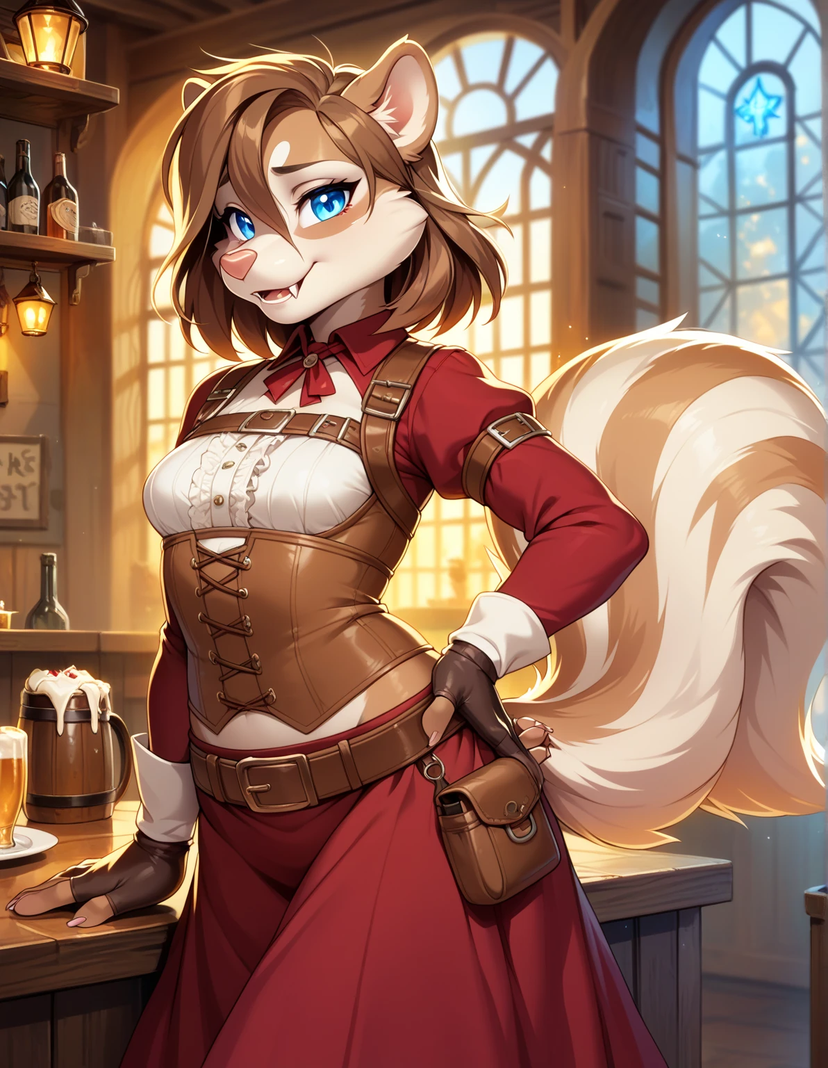 1girl, tail, furry, animal_ears,glowing blue_eyes, brown_hair, belt, looking_at_viewer, furry_female, gloves, skunk_tail, sad smile, skunk_ears, fingerless_gloves, hair_between_eyes,long skirt, hand_on_hip, snout, pouch, brown_gloves, cream white corset, skunk_girl, fangs, medium_hair, long_sleeves, brown_belt, artist_name, tavern outfit, very small breasts