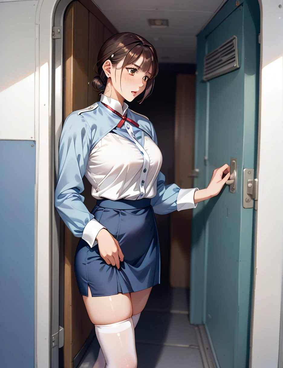 Newcomer Cabin Attendant、20 years old、airport、 standing with different breasts 、 stewardess 、 cabin attendant、uniform、 tight skirt 、(紺色のuniform)