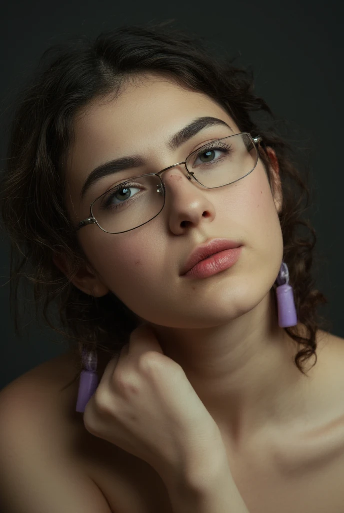 Slightly curly hair, rimless glasses, small spots under the corners of the mouth, / note lilac earrings, slightly closed mouth, red lips, surrealism, high detail, strong chiaroscuro, film graininess, panorama, ultra high-definition, precise, textured skin.