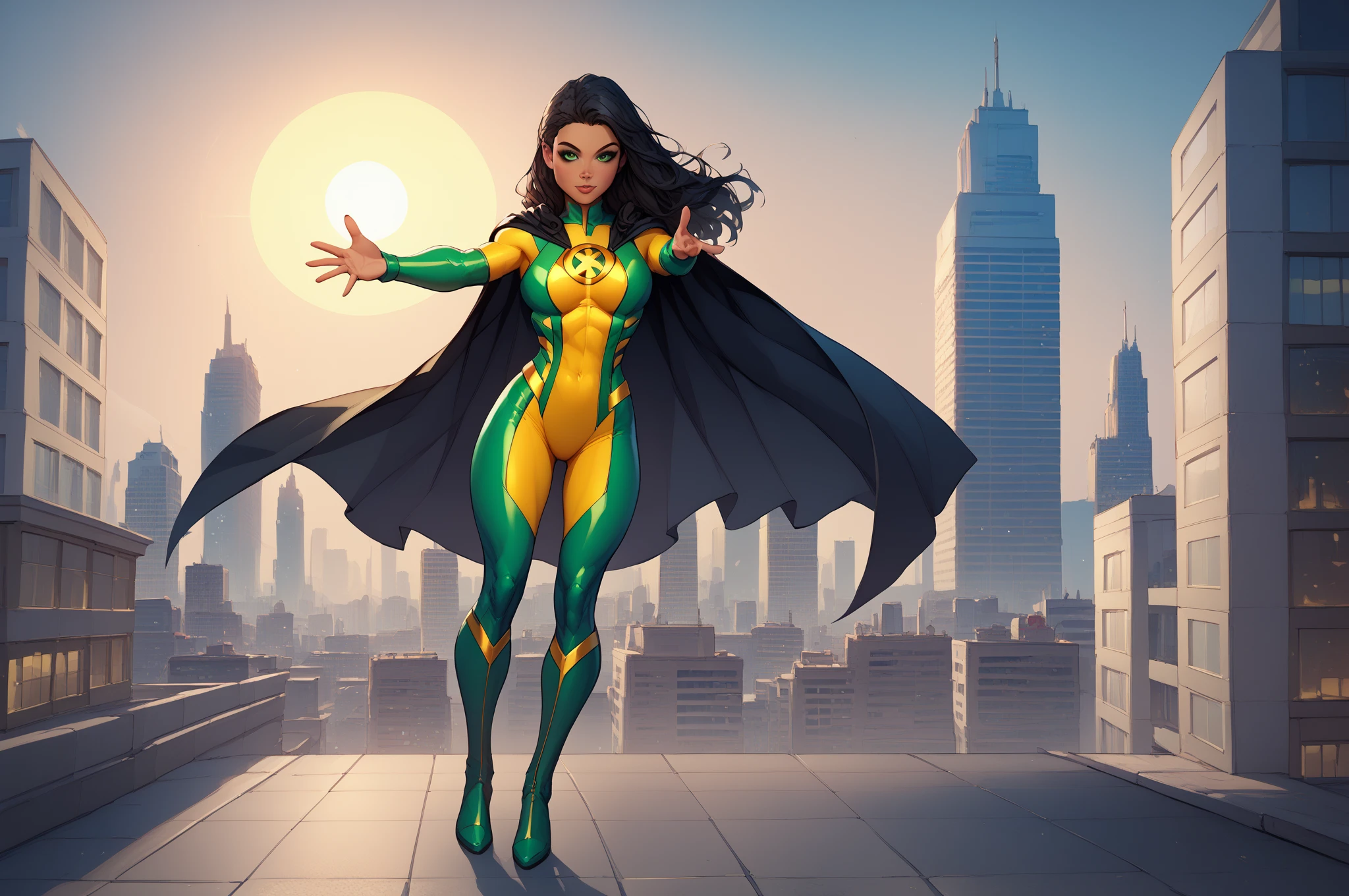 superheroine Latina, light brown skin, adorned with long, wavy black hair and outstretched green eyes. Bodysuit, sexy, sun symbol, yellow costume, black cape, city, full body day, standing, looking at viewer, sexy zoom