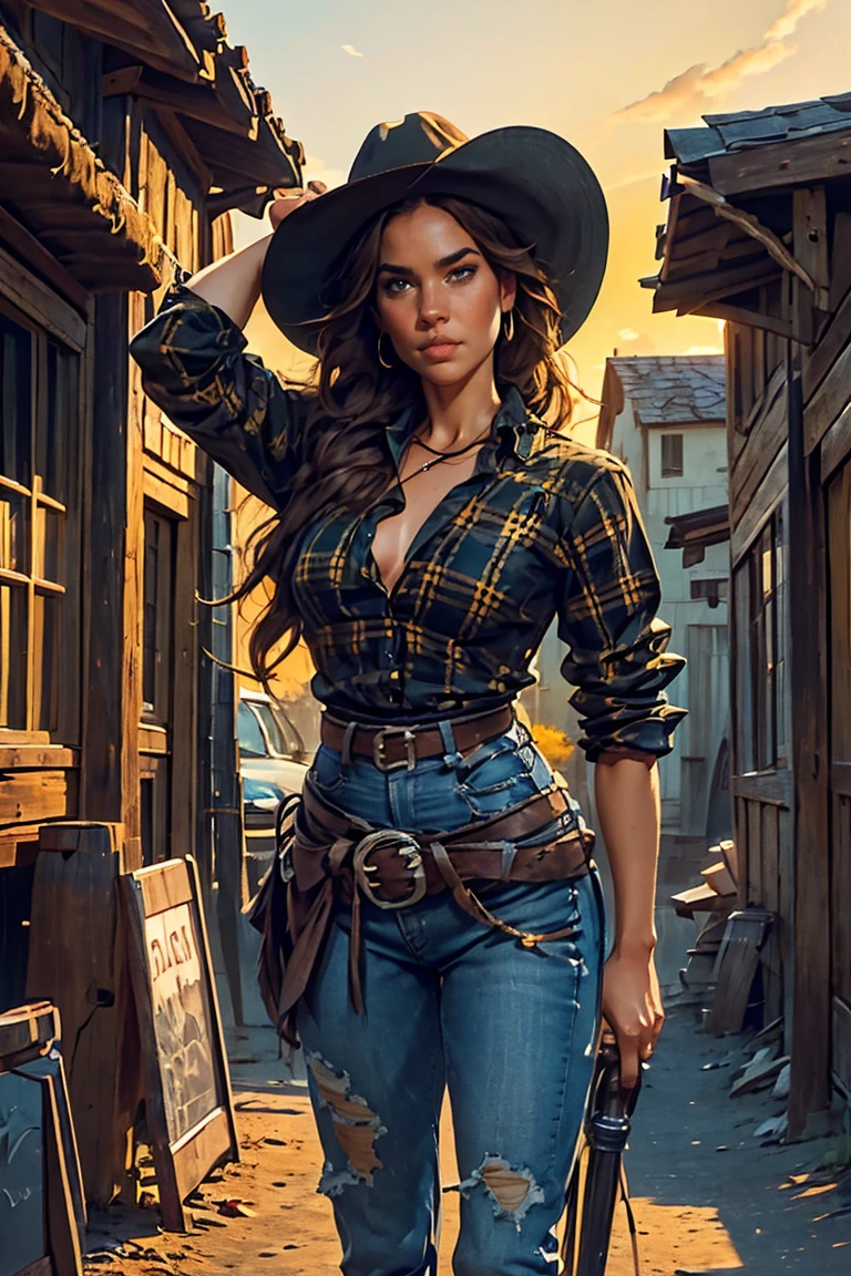  masterpieces : soft textures,  proportional anatomy ,  symmetrical body parts , beautiful details, vivid details (high quality masterpiece: 1.2) (  Masterpiece RAW image High resolution Very complex  ) ( photorealistic : 1.4)  hyperrealistic poses:   A beautiful woman with small waist and slender country-style hips   (  thin yellow and black plaid shirt  ,  thin, tight shirt  )   stands out in a western city  .   Her tanned skin shines in the setting sun  , "sweats",   big symmetrical bright green eyes  ,   wavy brown hair falls gently over your shoulders  .  She wears a brown cowboy hat , a   thin yellow and black plaid shirt  ,  a thin shirt ,  A large chest  ( showing the neckline ), faded jeans ,  and embroidered leather boots .   The store is located on a dirt street surrounded by typical western-style wooden buildings .   The local tavern has revolving doors and a porch where cowboys chat  .   The barbershop has a swivel table and the blacksmith shop next door is bustling with the sound of hammers .   Horses tied to wooden poles and hay wagons passing through the scene  .   The golden sunset light casts shadows and bathes the city with a warm glow  ,   capturing the vibrant old west essence  .