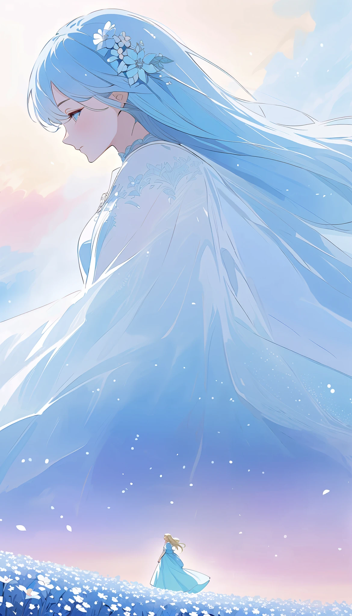 ( absurd,  high definition ,  super detailed , 超 high definition ,  cinematic ), Alone,  1 girl,  mature,  happy , girl standing in light blue flower field, light blue flower petal surrounding girl,  full body,  girl with long blue hair , light blue hair, fantasy,  like a dream, Snow,  Official Art ,  pop art ,  PROFILE ,  super detailed  face,  super detailed  eyes, light blue flower field,  super detailed  field, white blue sky, cold, light blue, white,  Nebula in the sky, Blue Tree, watercolor,  pastel color 