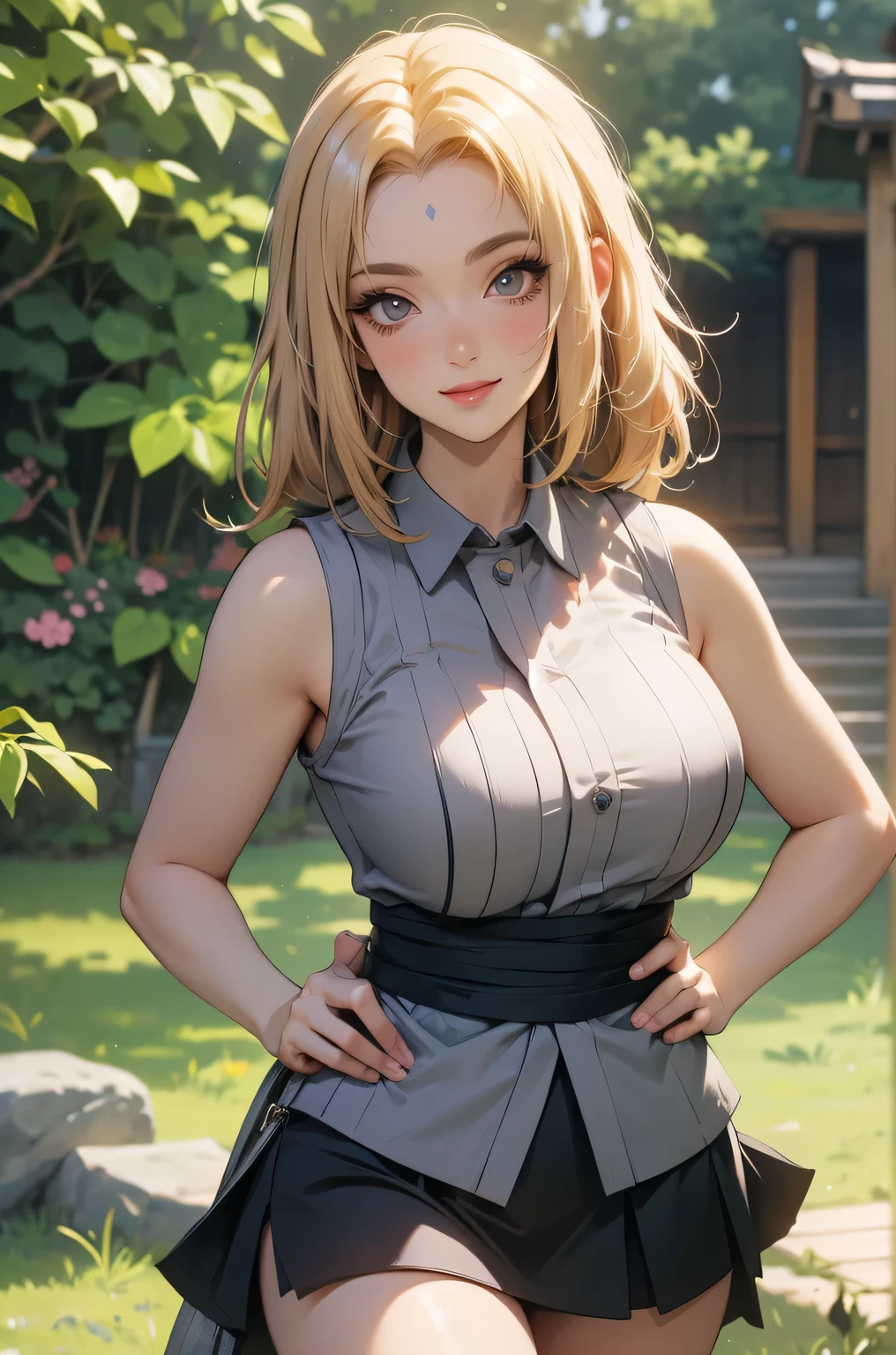 ((best quality)), (( Masterpiece)), (detailed), (4k), (8K), 1girl, (Tsunade), beautiful anime woman, beautiful face , shiny skin and face , make-up, smiling, big, aesthetic eyes , ( bright eyes ), intimidating look, smiling mostrando los dientes, aesthetic hands, detailed hair , rubio, long, with his gray sleeveless t-shirt, low cut, mini skirt, In a Japanese garden, pose sexy. (highly detailed textures), (highly detailed clothes), ( highly detailed cute face ). (Fantasy anime style ).