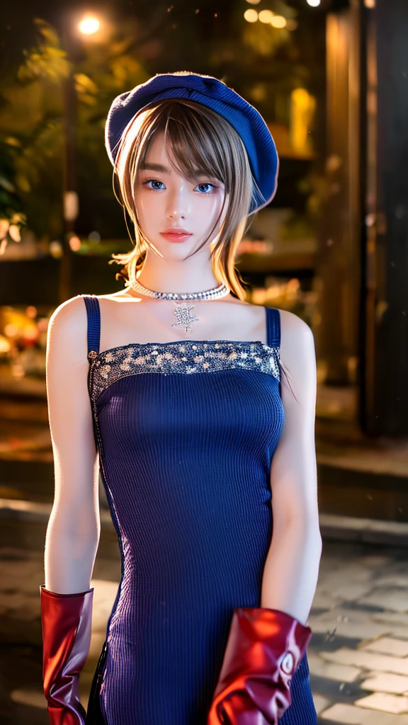 (1 lady), The beautiful, (Best quality at best:1.4), (ultra - detailed), (extremely detailed CG unified 16k), gold blonde hair, very detailed, High-definition RAW color photo, professional photoshooting, amazing face and eyes, cosmetics, (amazingly beautiful girl), ((sakagami tomoyo, taller, tall woman, NOT Dasha Taran)), ((dress, shoes bow, striped stockings, red bow, pink hat, necklace, gloves, pearl, plated snowflake brooch at dress hip, dark blue dress)), (extremely detailed background, a lot of details background, realistic background), realistic cinematic face, head to feet long wide zoomed out view, full body long view, photorealistic, ((blue eyes)), gorgeous, extremely beautiful face, perfect model beauty, pout mouth, Highly Detailed Face and Skin Texture, Detailed Eyes, Double Eyelids, Big Breasts, Persistent Stare, Faith Trance, (mystical stare, looking eternity), (masterpiece), best quality, high resolution, depth of field, cinematic lighting, amazing legs, black combat boots, clear and well-cared skin, vivid silver color hair:1, almost bright silver hair:1, Sakagami Tomoyo white gray color hair:1