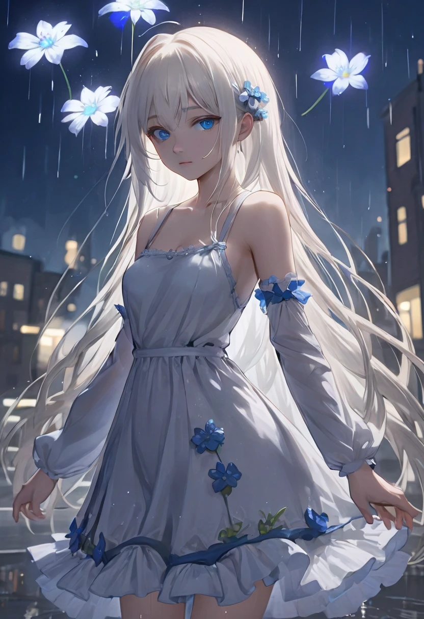 a woman, 23 years old, medium breasts, big blue eyes, silver hair, white dress with a lot of frill, cute, young, posing, very long hair, flower, headband, looking at viewers, rain, wet, professional lighting,