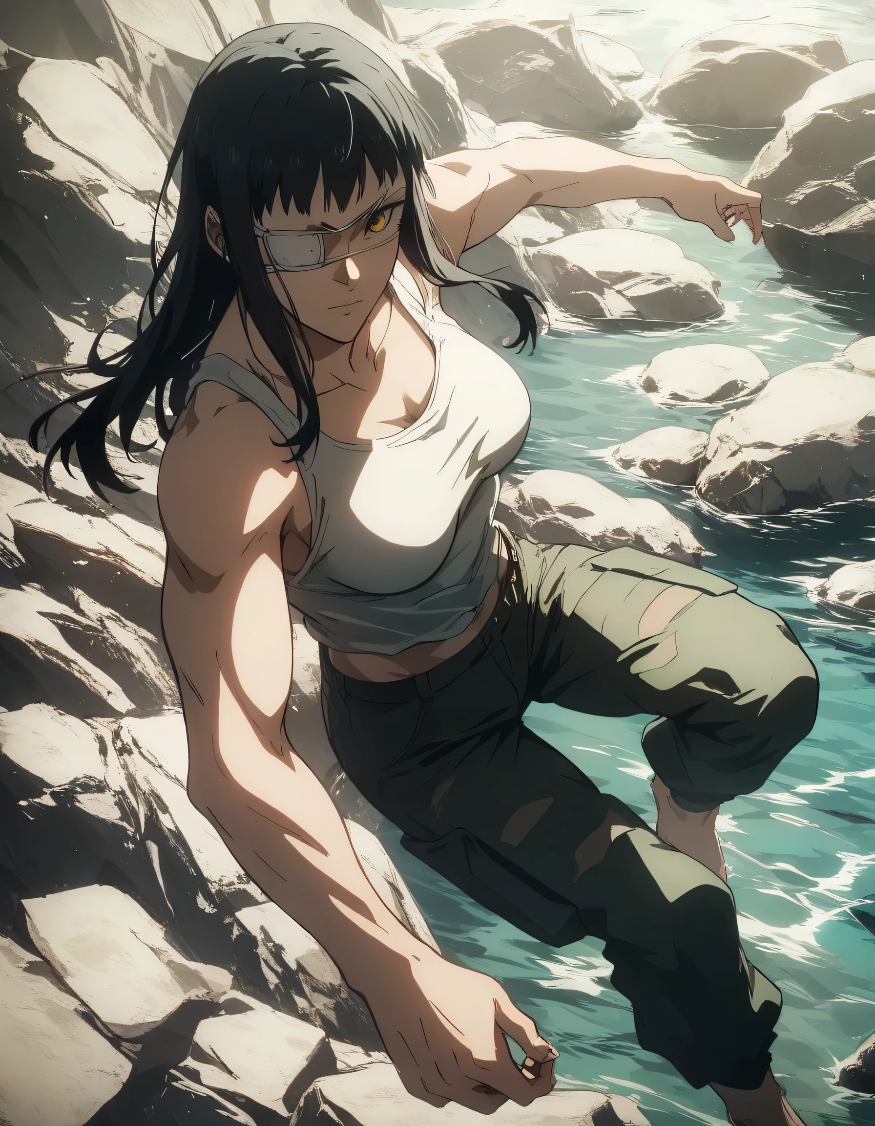 score_9, score_8_up, score_7_up,score_6_up,high resolution,source_anime,s0fiavalm3t,1girl,eyepatch,black hair,long hair,,water,rocks,volumetric lighting,rim lighting,dof,dramatic shadow,full body,dynamic pose,looking at viewer,pov,suspended in air,tank top with soldier pants,medium breasts 