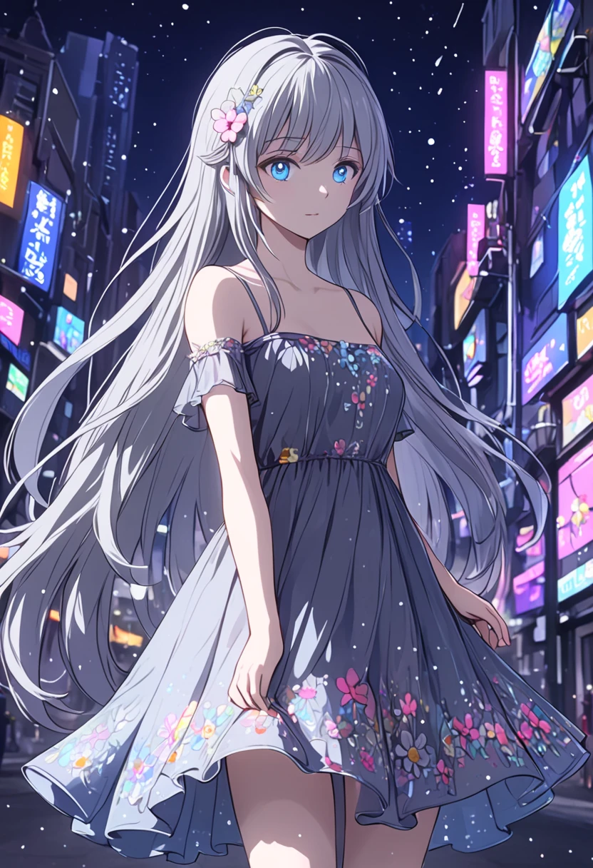(masterpiece、top-quality)perfect anime illustration、Girl standing between huge skyscrapers in a city、Very very cute face、Smiling、Skin as white as a plow、Slender and tall、The only outfit is one thin white dress that reaches about the calf.(No underwear)、The beautiful silhouette of the whole body can be seen faintly through the clothes、The place is a huge city where there is only one person(The time is dark at night)、Beautiful fantastic night view、A gentle breeze is blowing、So that the whole body goes into the illustration
