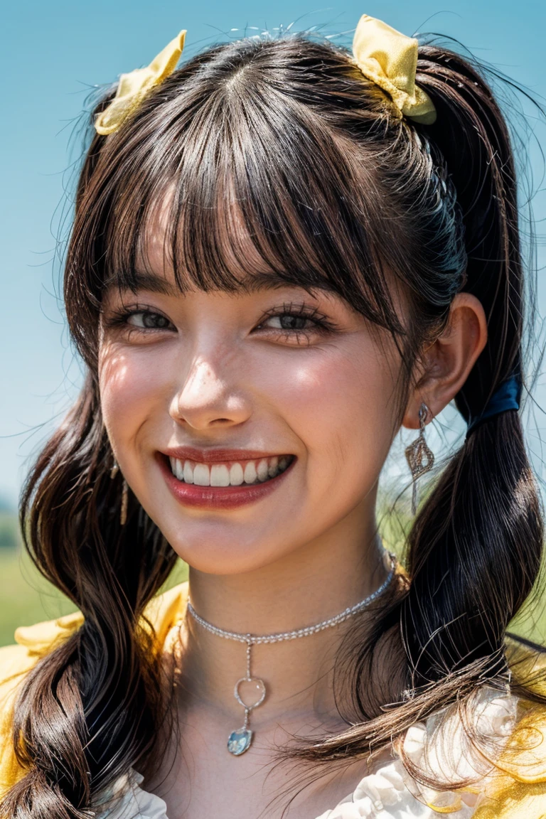 (realistic, photo-realistic:1.2), (masterpiece, best quality), high resolution photograph, extremely detailed, intricate details, sharp details, sharp focus, professional lighting, (portrait), solo, 1girl, a Japanese female idol, (yellow clothes, idol costume), dark hair, (pigtails hair, straight hair, hair scrunchie, blunt bangs:1.2), (detailed face, beautiful detailed eyes, sophisticated nose, beautiful pupils), ((cheerful grin, teeth out)), pale skin, fine-textured skin, (choker, jewelry), photo background, indoors, outdoors, blue sky and clouds,,,