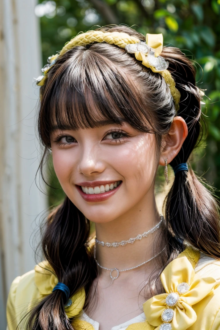 (realistic, photo-realistic:1.2), (masterpiece, best quality), high resolution photograph, extremely detailed, intricate details, sharp details, sharp focus, professional lighting, (portrait), solo, 1girl, a Japanese female idol, (yellow clothes, idol costume), dark hair, (pigtails hair, straight hair, hair scrunchie, blunt bangs:1.2), (detailed face, beautiful detailed eyes, sophisticated nose, beautiful pupils), ((cheerful grin, teeth out)), pale skin, fine-textured skin, (choker, jewelry), photo background, indoors, outdoors, blue sky and clouds,,,