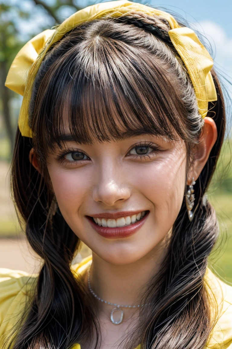 (realistic, photo-realistic:1.2), (masterpiece, best quality), high resolution photograph, extremely detailed, intricate details, sharp details, sharp focus, professional lighting, (portrait), solo, 1girl, a Japanese female idol, (yellow clothes, idol costume), dark hair, (pigtails hair, straight hair, hair scrunchie, blunt bangs:1.2), (detailed face, beautiful detailed eyes, sophisticated nose, beautiful pupils), ((cheerful grin, teeth out)), pale skin, fine-textured skin, (choker, jewelry), photo background, indoors, outdoors, blue sky and clouds,,,