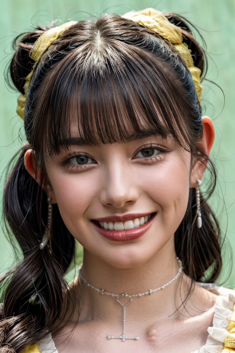 (realistic, photo-realistic:1.2), (masterpiece, best quality), high resolution photograph, extremely detailed, intricate details, sharp details, sharp focus, professional lighting, (portrait), solo, 1girl, a Japanese female idol, (yellow clothes, idol costume), dark hair, (pigtails hair, straight hair, hair scrunchie, blunt bangs:1.2), (detailed face, beautiful detailed eyes, sophisticated nose, beautiful pupils), ((cheerful grin, teeth out)), pale skin, fine-textured skin, (choker, jewelry), photo background, indoors, outdoors, blue sky and clouds,,,