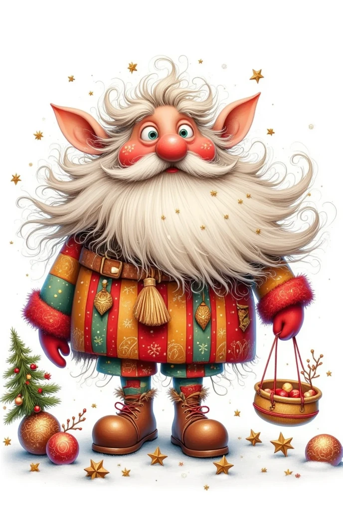  Very funny digital illustration，Exaggerated character proportions ，Red gloves, Long beard, 大胡须, indoors,  unique ,  actual ,  red shoes, Christmas tree,  permanent, stripe, christmas ornaments，It&#39;s snowing