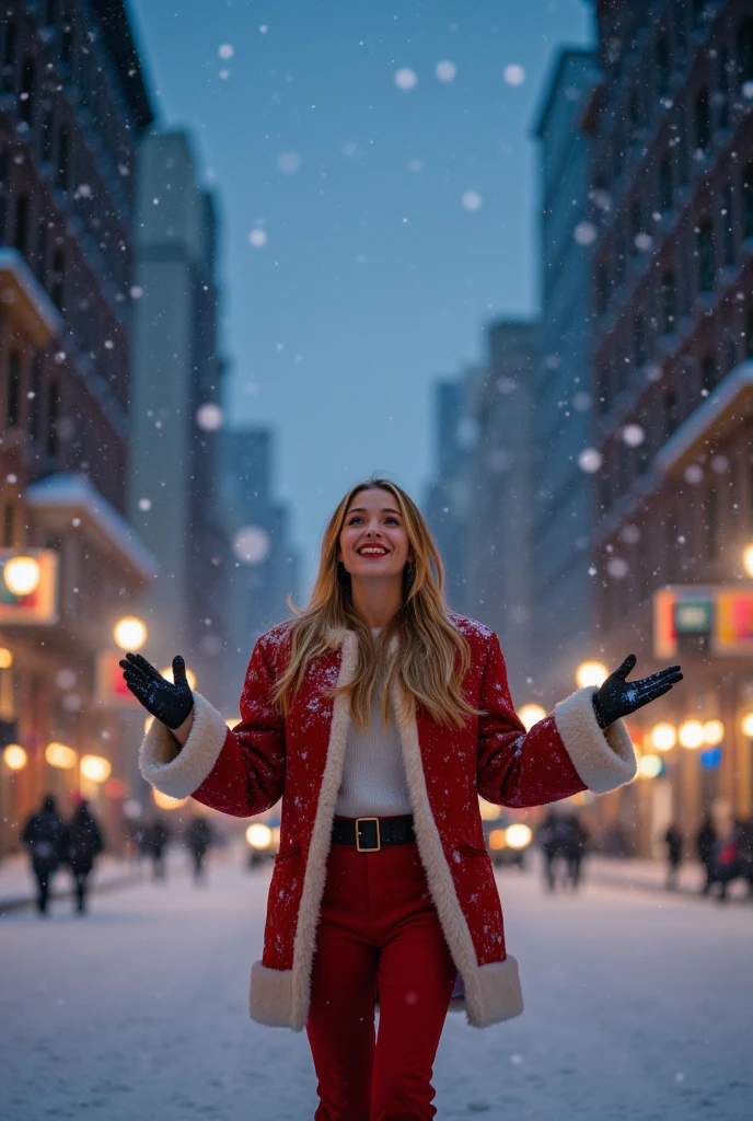  Look up at the sky, standing pose, open hands,  (blonde middle hair, brown eye ,smile),  Santa Claus costume,  Santa hat and shoes, fall snow, White Christmas, in New York , night, (masterpiece, highest quality, High resolution, Photo realistic, sharp, RAW Photos, wallpaper, perfection, Professional Lighting, Very detailed)