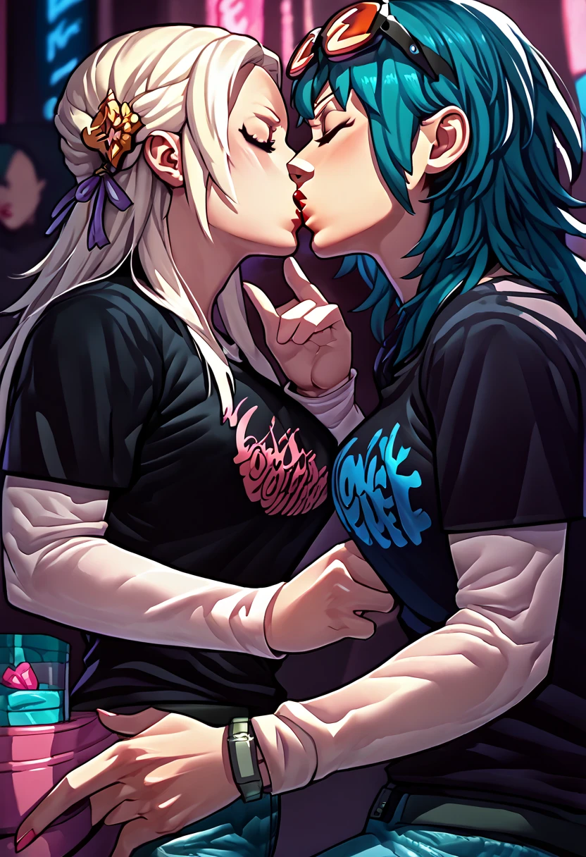 2 girls, sunglasses on head, lipstick, black t-shirt, clothes writing, layered sleeves, large breasts, jeans, academy Edelgard, Byleth, kissing