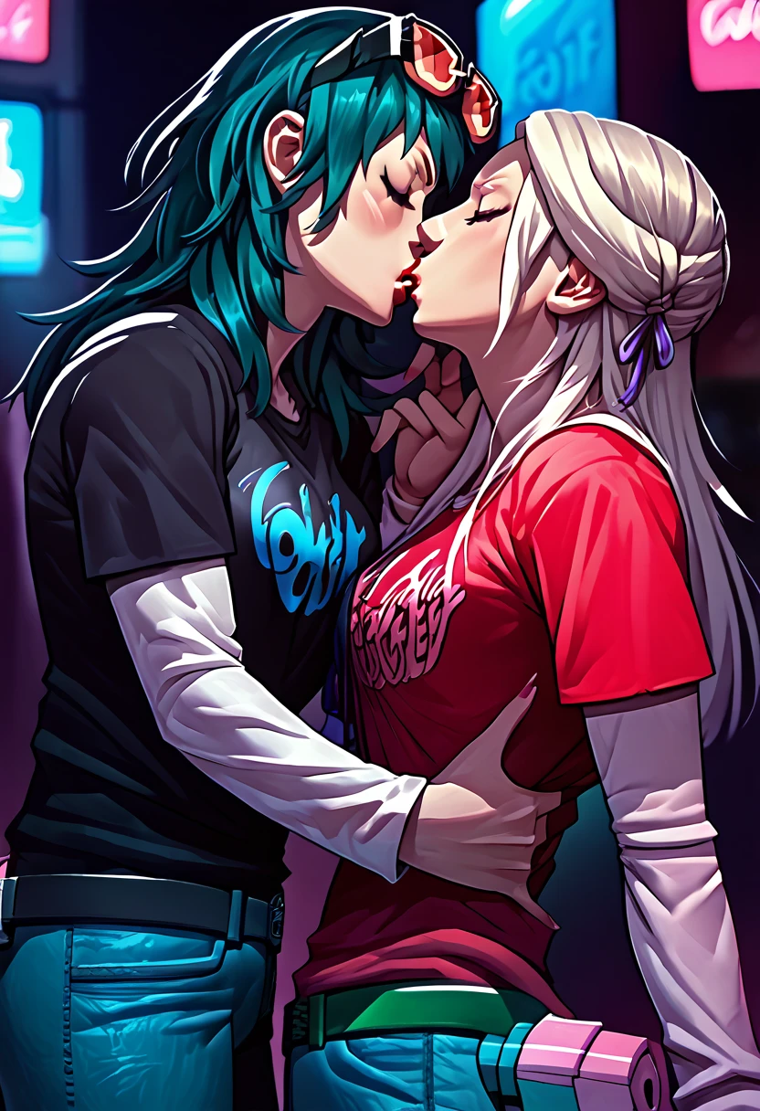 2 girls, sunglasses on head, lipstick, black t-shirt, clothes writing, layered sleeves, large breasts, jeans, academy Edelgard, Byleth, kissing