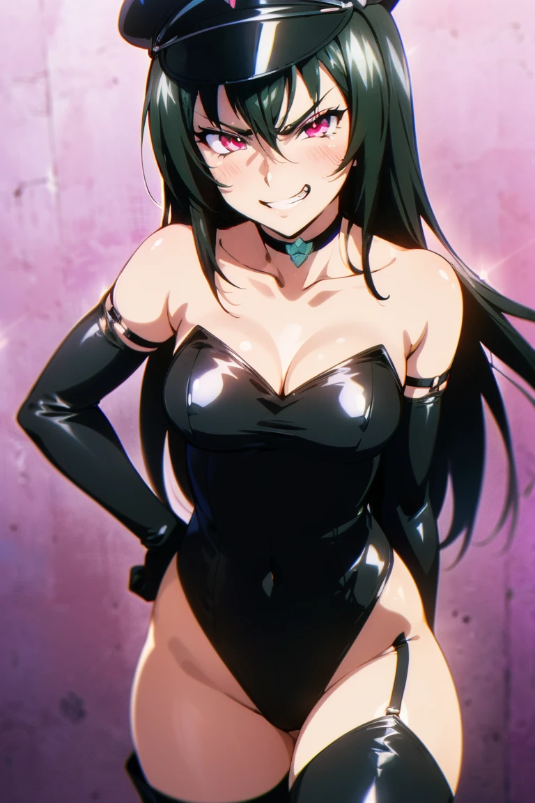 beautiful, masterpiece, ultra detailed, extremely detailed, ultra high res, 8k, beautiful detailed face, anime screencap, heart shaped face woman, (black hair:1.2), long hair, hair between eyes, large breasts, fearless face, sharp face, slant eyes, cat eyes, 170cm tall, adult, perfect proportion, (((black high-leg leotard))), (((bare shoulder, bare collarbone))), cleavage, (((thigh boots))), (((choker))), (((military cap))), anime style, ultra detailed beautiful face and eyes, front view, raw phot, incredibly absurdres, Beautiful portrait of cute anime girls, super fine illustration, full-hd, hdr, best aesthetic, distinct, exquisite, masterwork, by famous artist, highers, (((perfect anatomy))), mocking, (((rape face))), (((evil grin))), intense eyes, sadistic, gleaming skin, oil skin, slut face, full-face blush, smirking, mischievous grin, furrowed mouth, both legs, pouty lips, downturned corners, rosy hue, grin widely, cheeky smirk, (((bad-tempered glare))), gloating, crazy smile, scary face, cruel smile, fang, connected teeth,, (((elbow gloves))), (((big connected teeth)), glare, grimace, smirk, (((scowling face))), smile broadly, symmetrical eyes, even eyes,  (((squinting eyes))), deep detailed eyes, shiny clothes, 1girl, solo, smug, smile grimly, (((dimpled smile))), (((pink eyes and black pupil, eyes must be vibrant))), (((cowboy shot and standing))), (((laugh))), (((pleasure face))), (((brutality face))), (((scary face))), (((fang))), perfect face, perfect femake body, (((perfect eyes, light eyes, clear eyes, shiny eyes))), garter straps, enamel bondage, accurate face parts, Smooth and Flawless Skin, Expressive and Captivating Eyes, Well-Defined Facial Features, Radiant and Healthy Glow, Perfectly Proportioned Face, Graceful and Symmetrical Features, Fine Details and Realistic Textures, shiny, shiny hair, purple background, bare arms, cleavage cutout, bare breasts, bare chest,