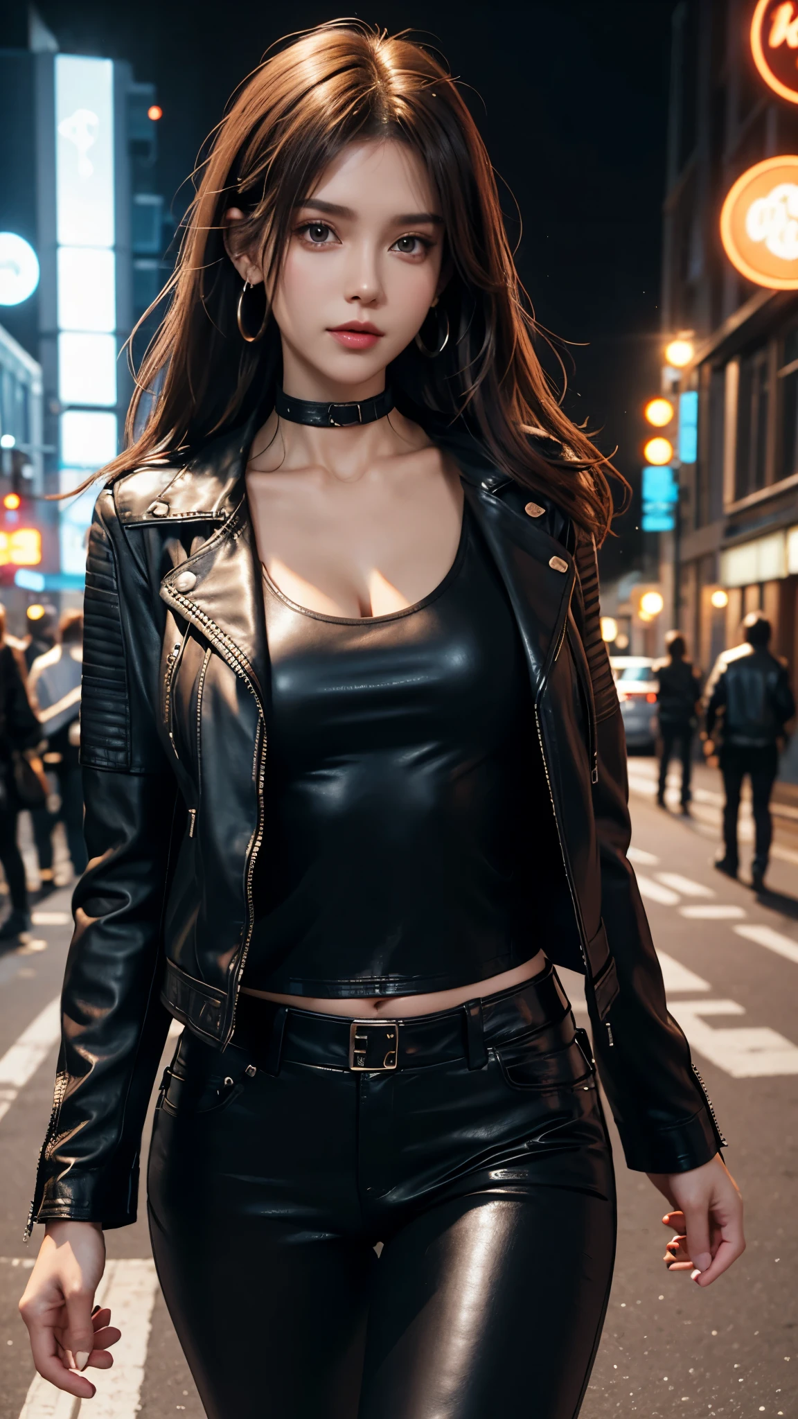 Beautiful 25 year old woman, black hair, Bob cut, blue eyes, sightly muscled, small breasts, messy hair, tattooed neck, leather jacket, black long skirt, San Francisco in the background, kinky, evil aura, night, piercings, fishnet stockings.