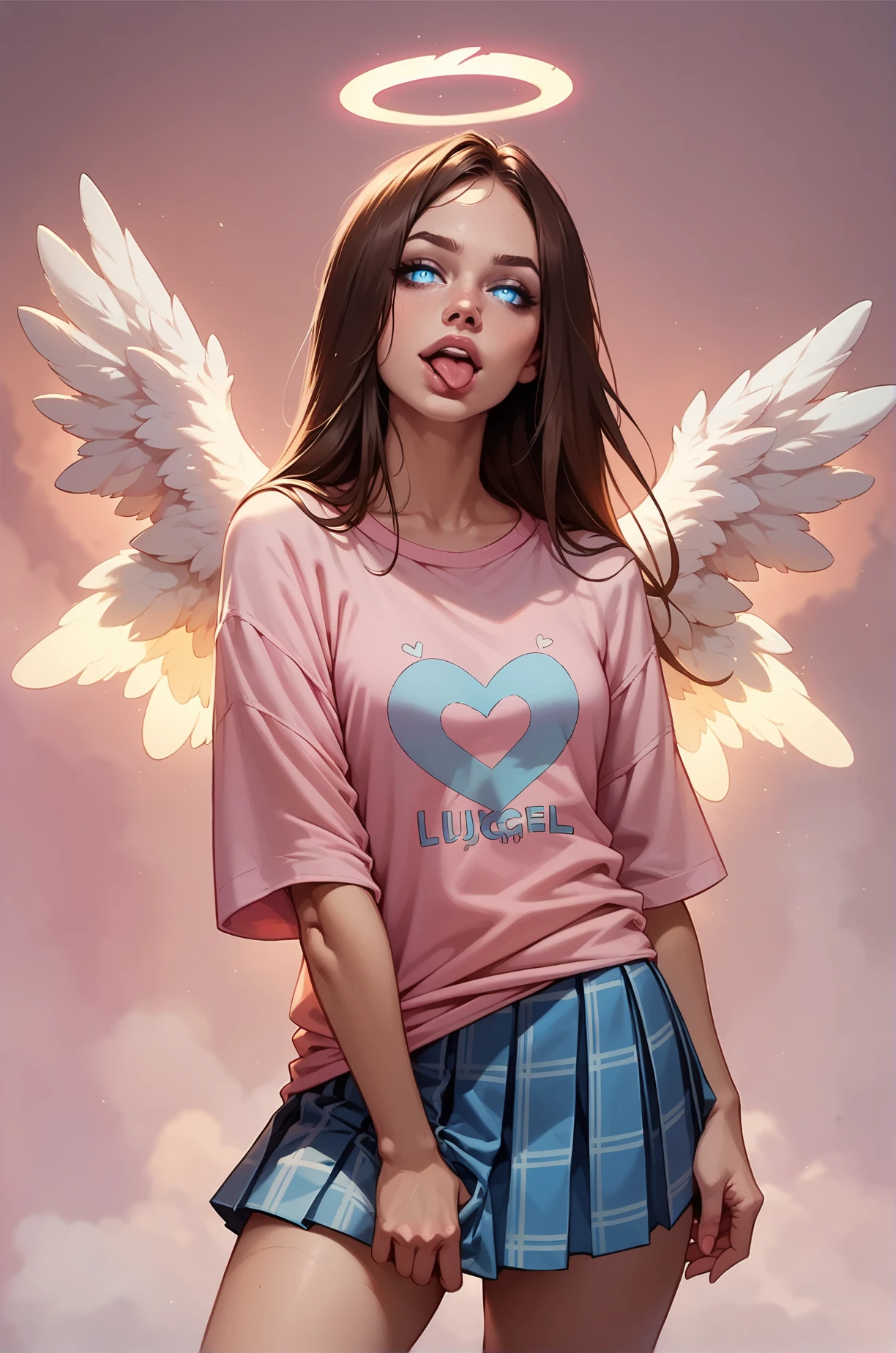 score_9, score_8_up, score_7_up, cartoon of a girl, solo, sexy, slutty, blue eyes, brown hair, straight hair, blue plaid pleated skirt, black oversized tshirt, small breast, thighs, sticking out her tongue, standing, glowing, little angel wings, pink grunge background