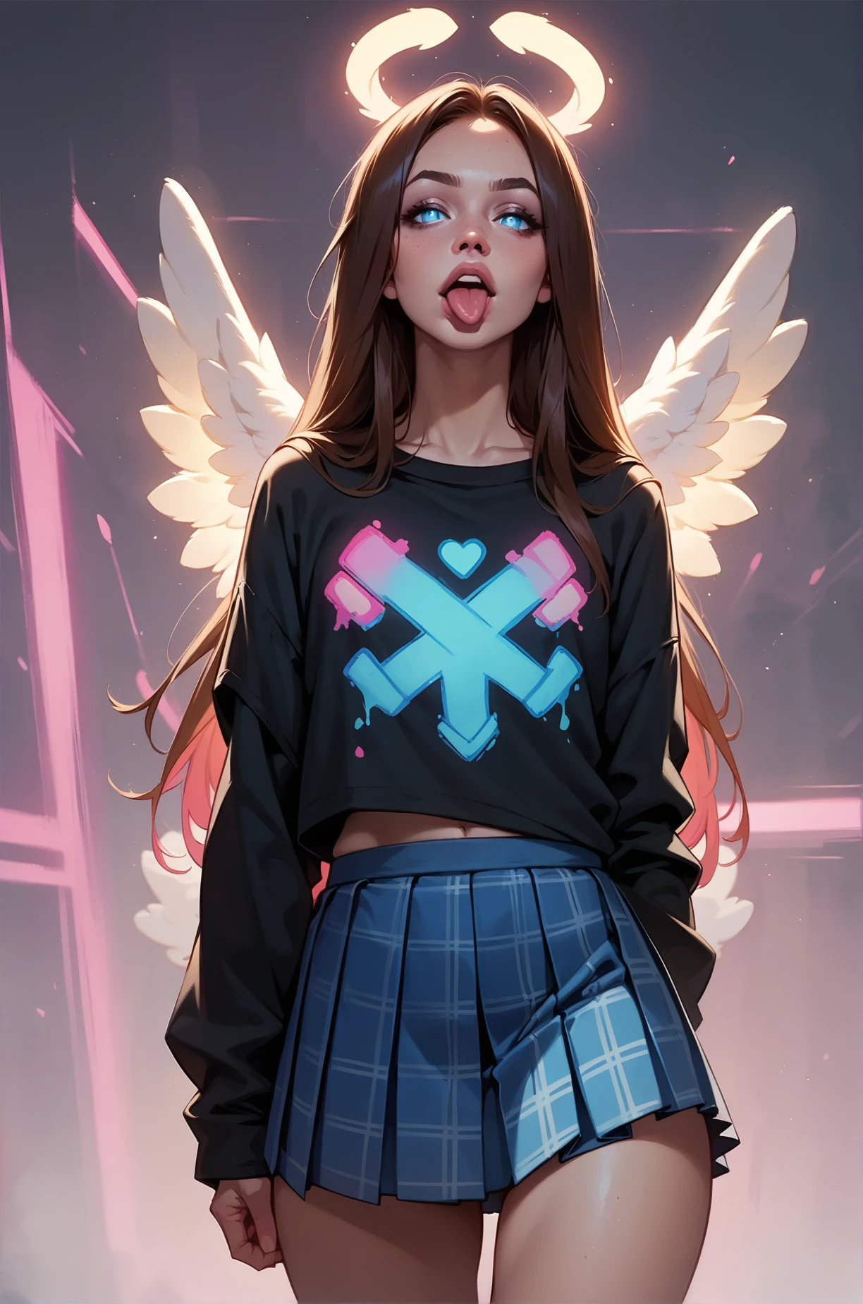 score_9, score_8_up, score_7_up, cartoon of a girl, solo, sexy, slutty, blue eyes, brown hair, straight hair, blue plaid pleated skirt, black oversized tshirt, small breast, thighs, sticking out her tongue, standing, glowing, little angel wings, pink grunge background