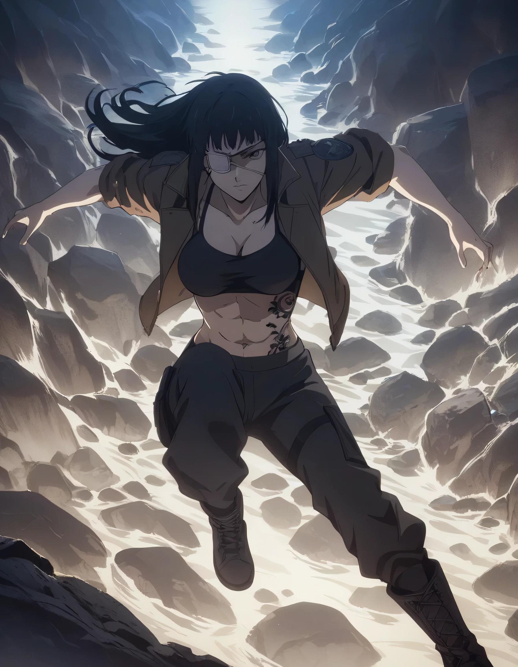 score_9, score_8_up, score_7_up,score_6_up,high resolution,source_anime,s0fiavalm3t,1girl,eyepatch,black hair,long hair,,water,rocks,volumetric lighting,rim lighting,dof,dramatic shadow,full body,dynamic pose,looking at viewer,pov,suspended in air, black sport  bra  with soldier pants,medium breasts,fighting boots,tattoos on shoulders,with jacket