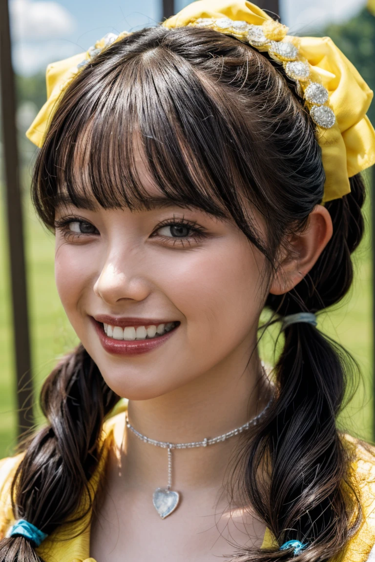 (realistic, photo-realistic:1.2), (masterpiece, best quality), high resolution photograph, extremely detailed, intricate details, sharp details, sharp focus, professional lighting, (portrait), solo, 1girl, a Japanese female idol, (yellow clothes, idol costume), dark hair, (pigtails hair, straight hair, hair scrunchie, blunt bangs:1.2), detailed face, beautiful detailed eyes, sophisticated and detailed nose, beautiful pupils, ((cheerful grin, teeth out)), pale skin, fine-textured skin, (choker, jewelry), photo background, indoors, outdoors, blue sky and clouds,,,