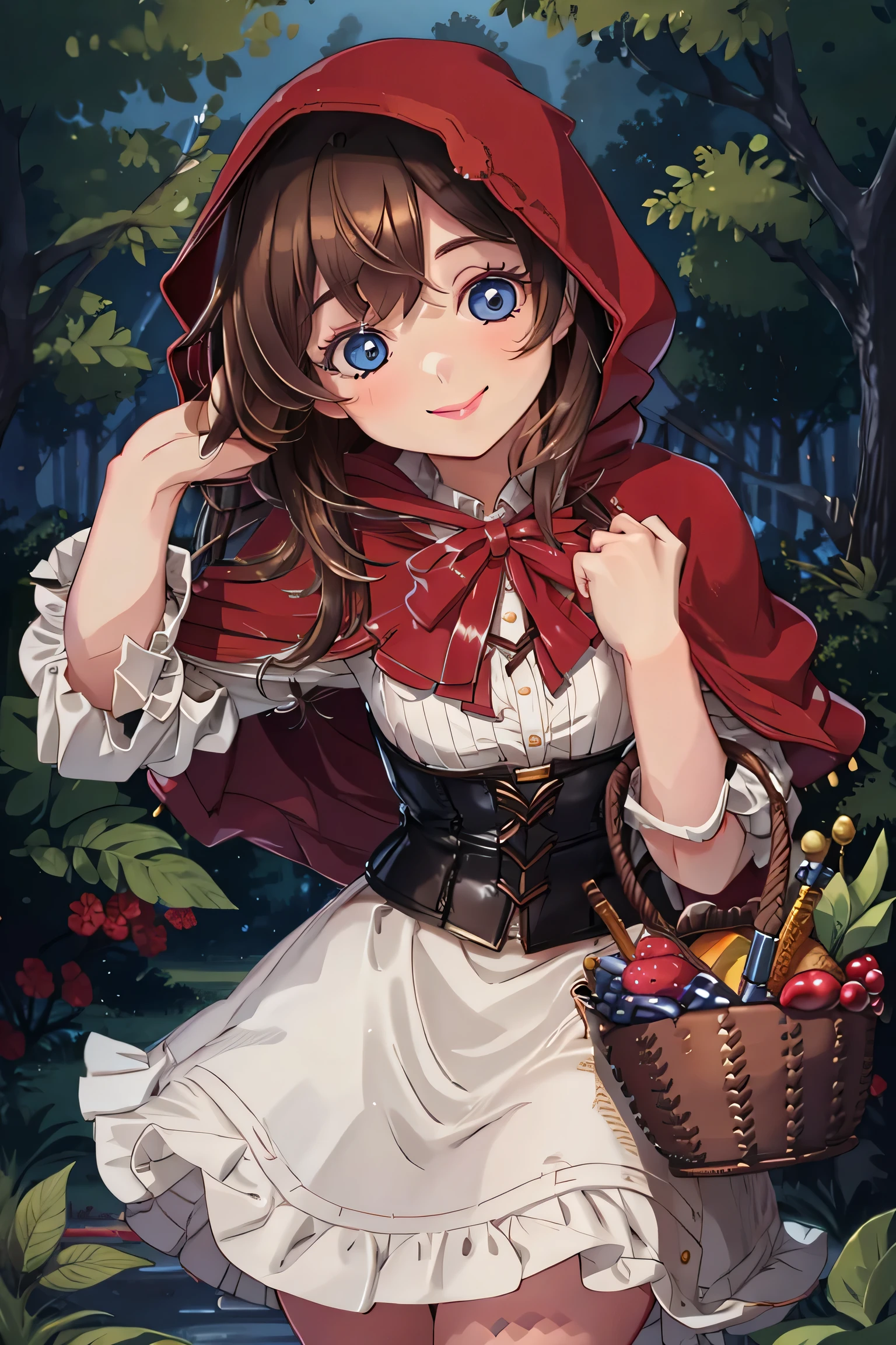 score_9, score_8_up, score_8, , (curvy), cute, eyelashes, ,,, zzRedMayCitron, blue eyes, brown hair, long hair, medium hair, skirt, hood, hood up, outdoors, white skirt, red hood, BREAK, looking at viewer, ,,, smile, upper body, leaning forward, head tilt, ,,, embedding:zPDXL, Expressiveh, ,