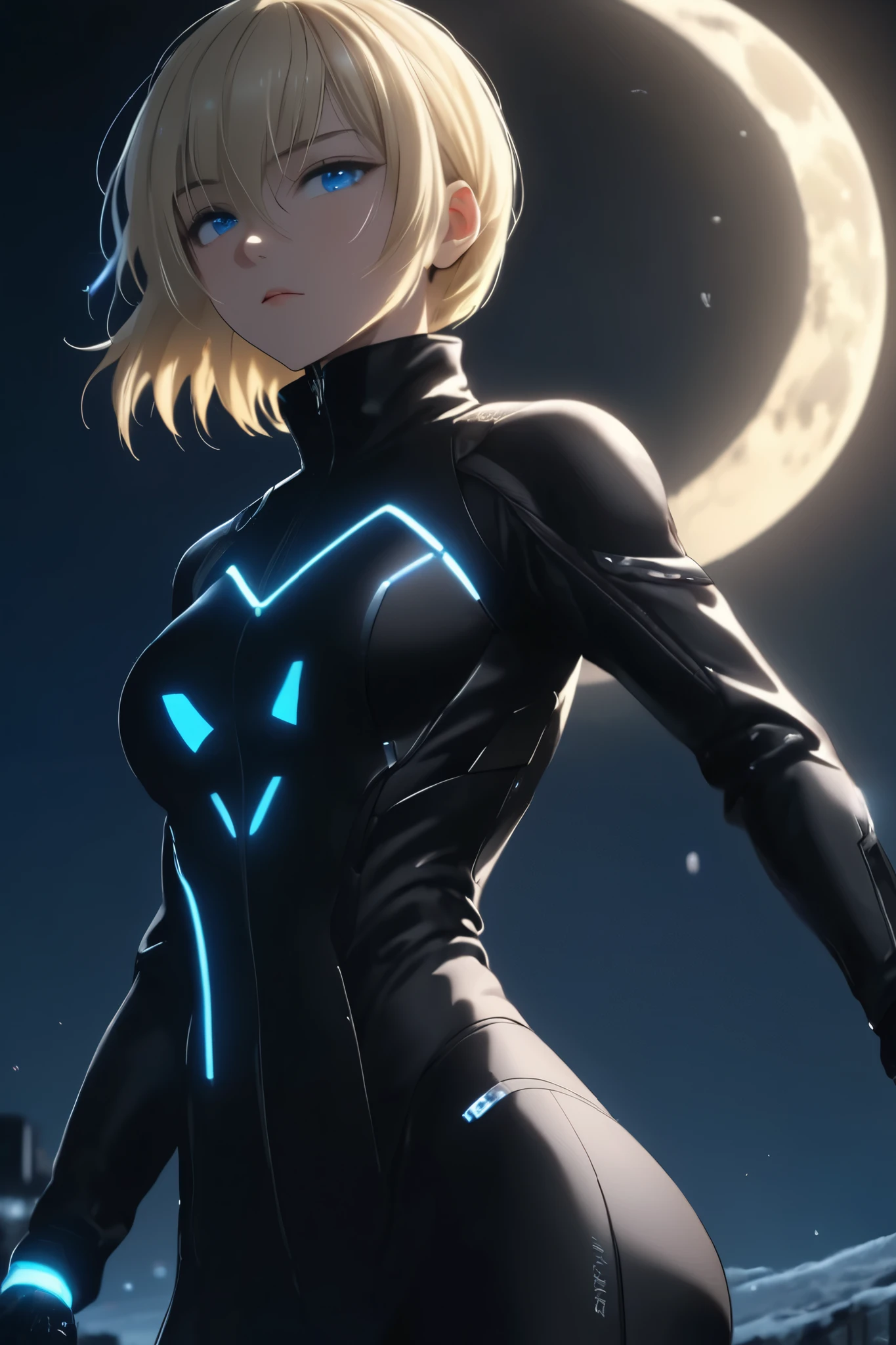 Beautiful Moonlit Night. 4K, top quality , Cinematic, detailed、female beautiful criminal solo A rider suit that fits a black body and covers the whole body Black long coat over it Short Blonde Hair Ice Blue Eyes Hair covers one eye Sporty Body