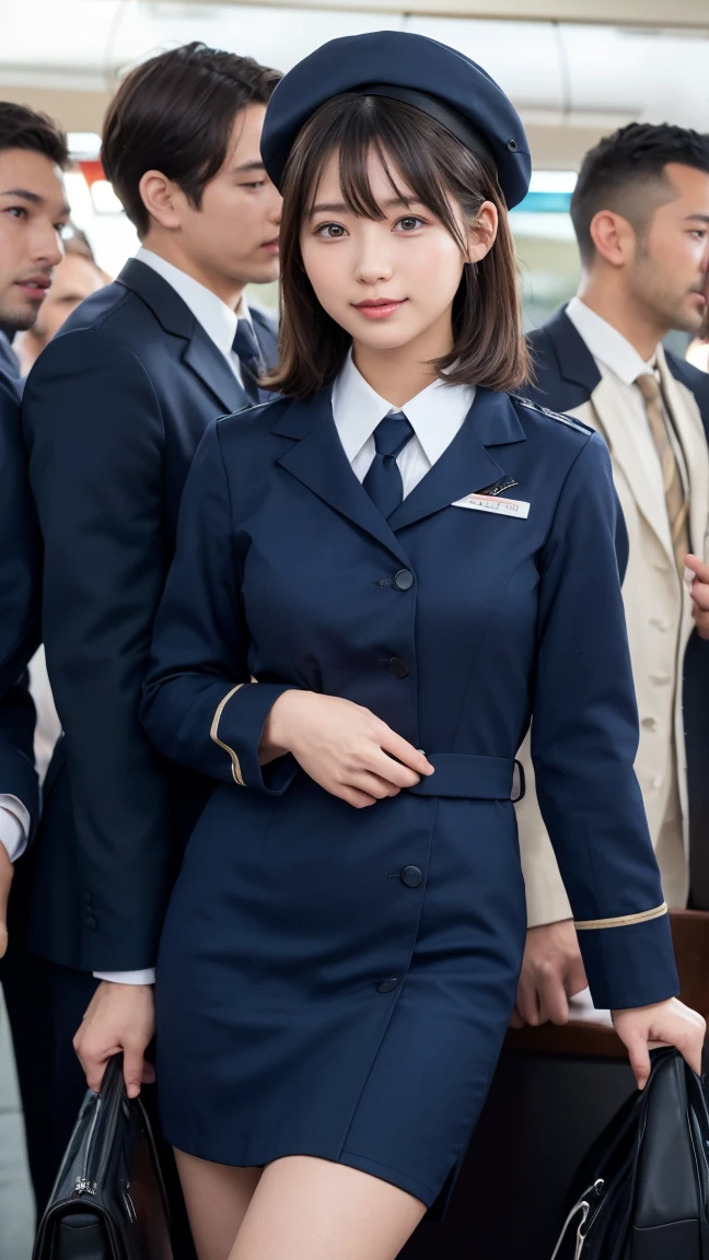 Top  Quality, Masterpiece, 8K, Ultra High Definition, (Photorealistic: 1.4), 1 Girl, beautifull face, symmetry eyes, Big, perfect body proportions, Stewardess uniform, The beholder's gaze, (Inside the Airplane: 1.2), Front view, shoulder jump, Absolute area (1.3),