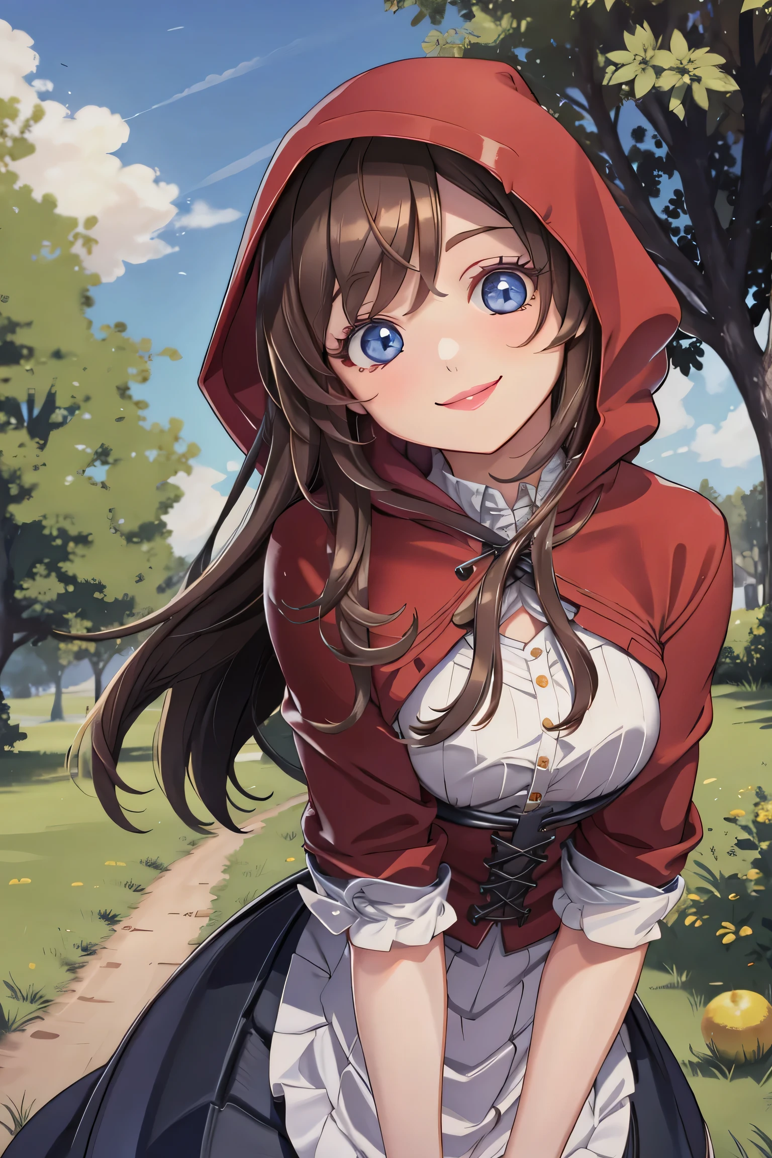 score_9, score_8_up, score_8, medium breasts, (curvy), cute, eyelashes,      ,,,  zzRedMayCitron, blue eyes, brown hair, long hair, medium hair, skirt, hood, hood up, outdoors, white skirt, red hood,   BREAK, looking at viewer, ,,, smile, upper body, leaning forward, head tilt, ,,, embedding:zPDXL, Expressiveh, ,