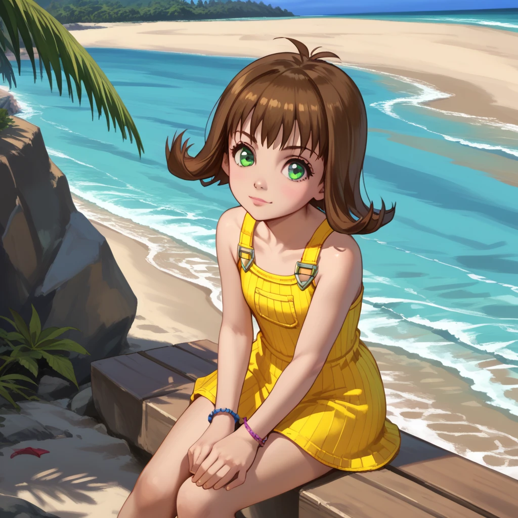 score_9, score_8, score_7, Break, selphie_kh, brown hair, short hair, green eyes, yellow dress. bracelet, sitting, beach, looking at viewer, cute, natural lighting