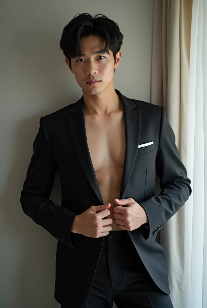 (best quality, highres, detailed:1.2), realistic, detailed face, 20-year-old handsome Vietnamese man in a black suit, strikingly clear, smiling, looking into the camera, shining eyes, perfect physique glistening with sweat, gel-covered, large penis ejaculating, artistic portrayal, vivid colors, professional photography, dark and moody lighting