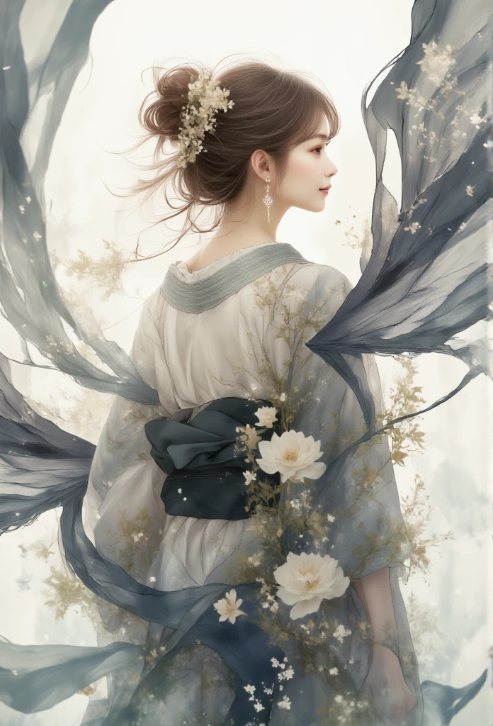 Fantasy style illustration , The asian woman in Fluid Fragments, morphing seamlessly between an array of abstract white and black compositions, each transformation transcending traditional definition and expectation.She is wearing Yukata coloured black and White.It felt as if half of her body dissolved into the wind, drifting away into the air.

surreal, (best quality, masterpiece, photorealistic), very aesthetic, perfect composition, intricate details, ultra-detailed, vivid colors, a motion blur in a dramatic moment.