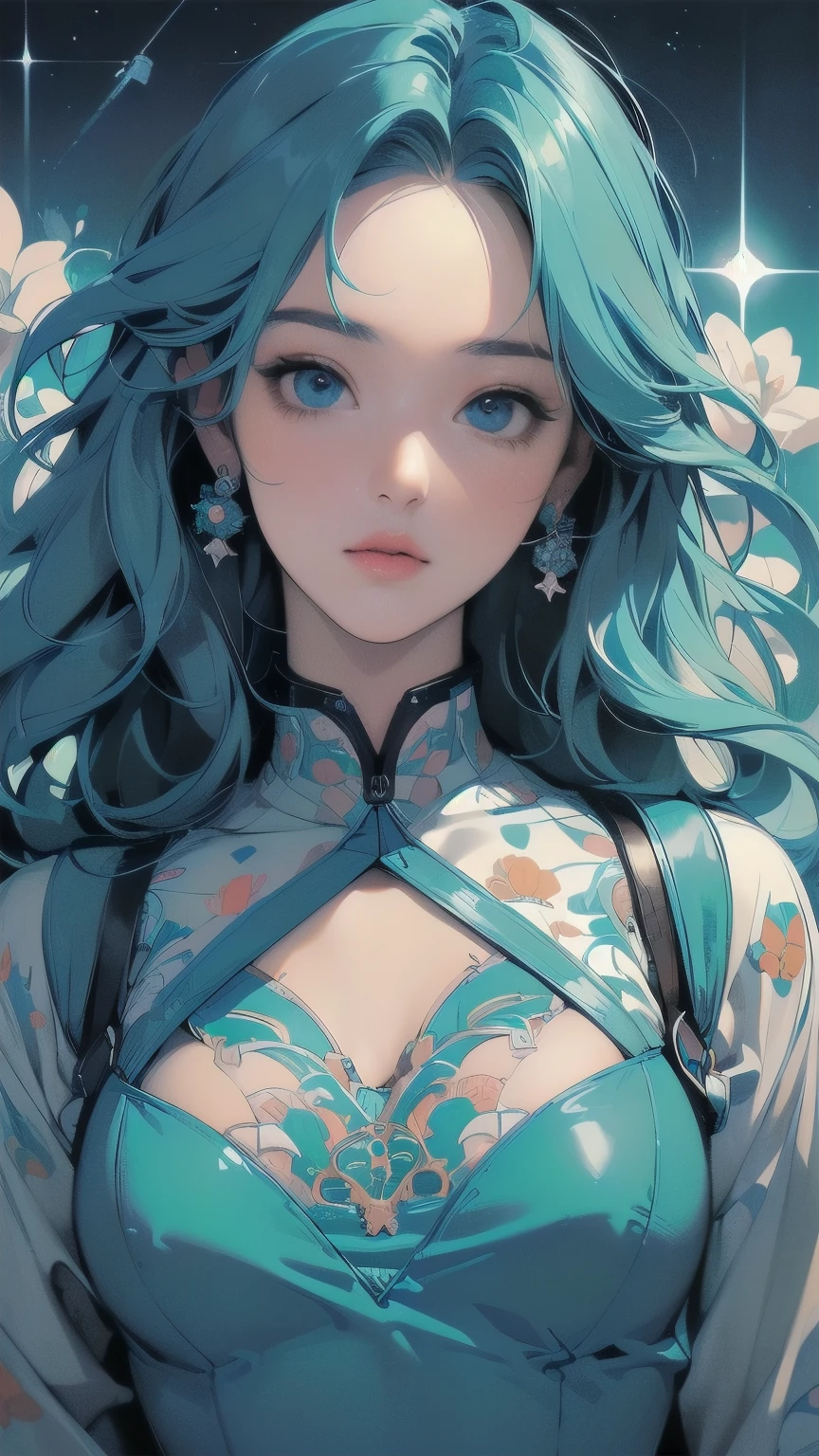 in a panoramic view，full bodyesbian，(((Chinese style :1.2)))，florals，Beautiful and delicate water，((Masterpiece)), (Best quality), Ultra-detailed, A high resolution, super-fine, A high resolution, 8K,lightblue hair，(((one-girl :1.3)))，Blue earrings，a purple eye,closeup cleavage，looks into camera,Blue hair, High detail, Anime style, Cinematic lighting, hyper HD, Super detail, Masterpiece, Masterpiece, A high resolution, High details, Best quality, 8K,The overall color tone is red，bosom_Style，Put your hands behind you